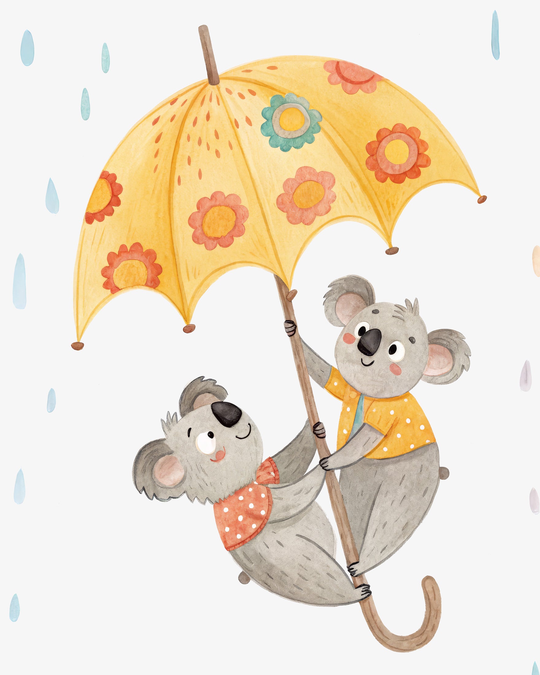 Pôster de Coalas com Guarda-Chuva - Arte de Parede para Quarto Infantil
