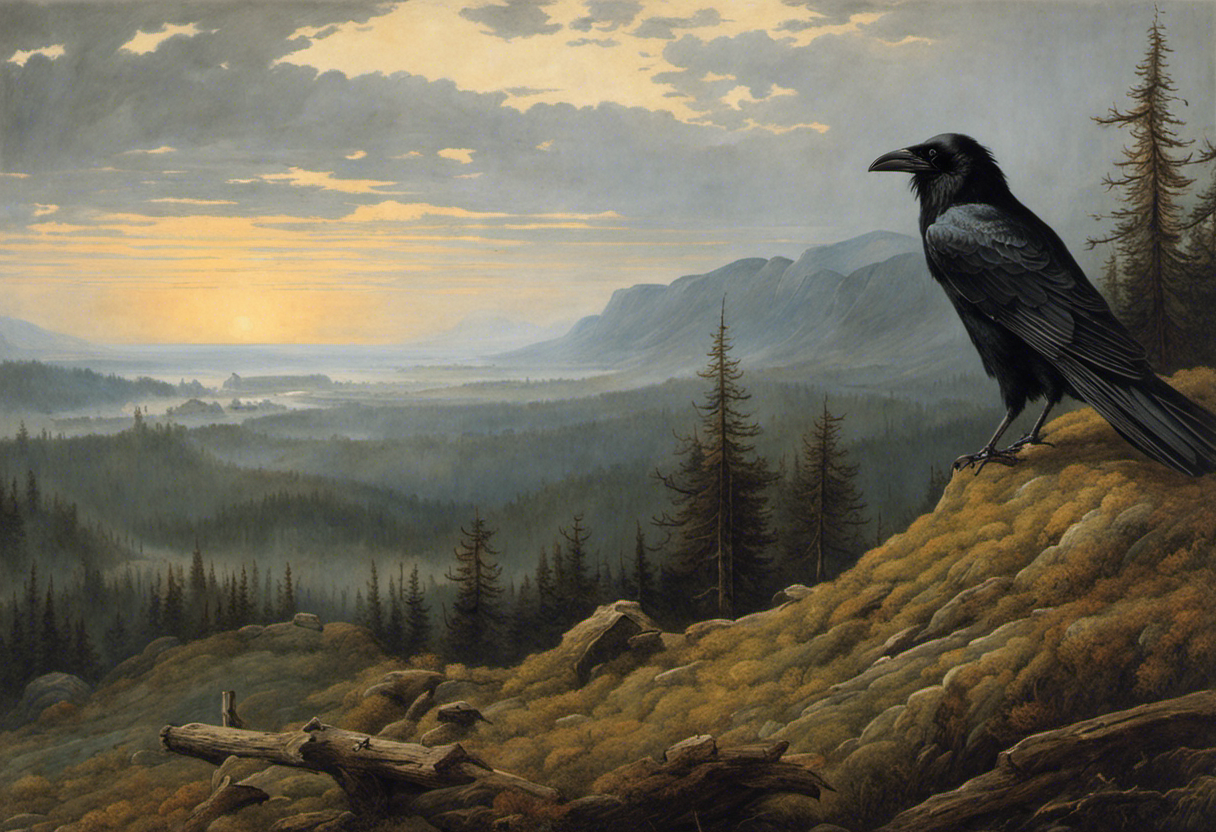 Paisagens hipnotizantes que evocam introspecção espiritual, um corvo - pôster