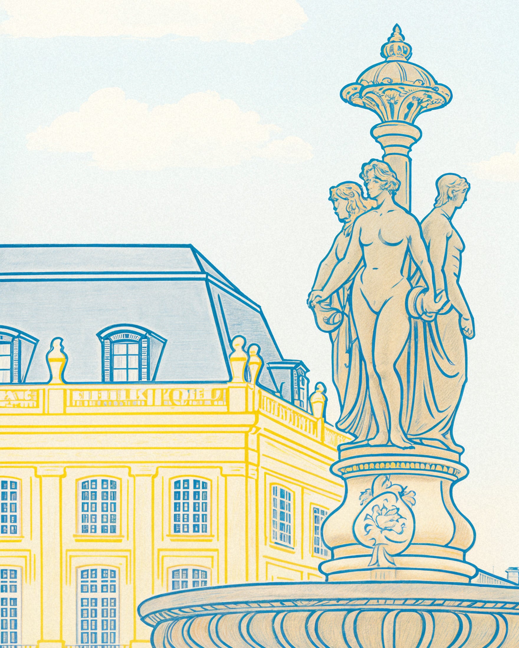 Pôster de Bordeaux – Impressão de Arte da Place de la Bourse e Fonte em Pastéis Suaves Poster