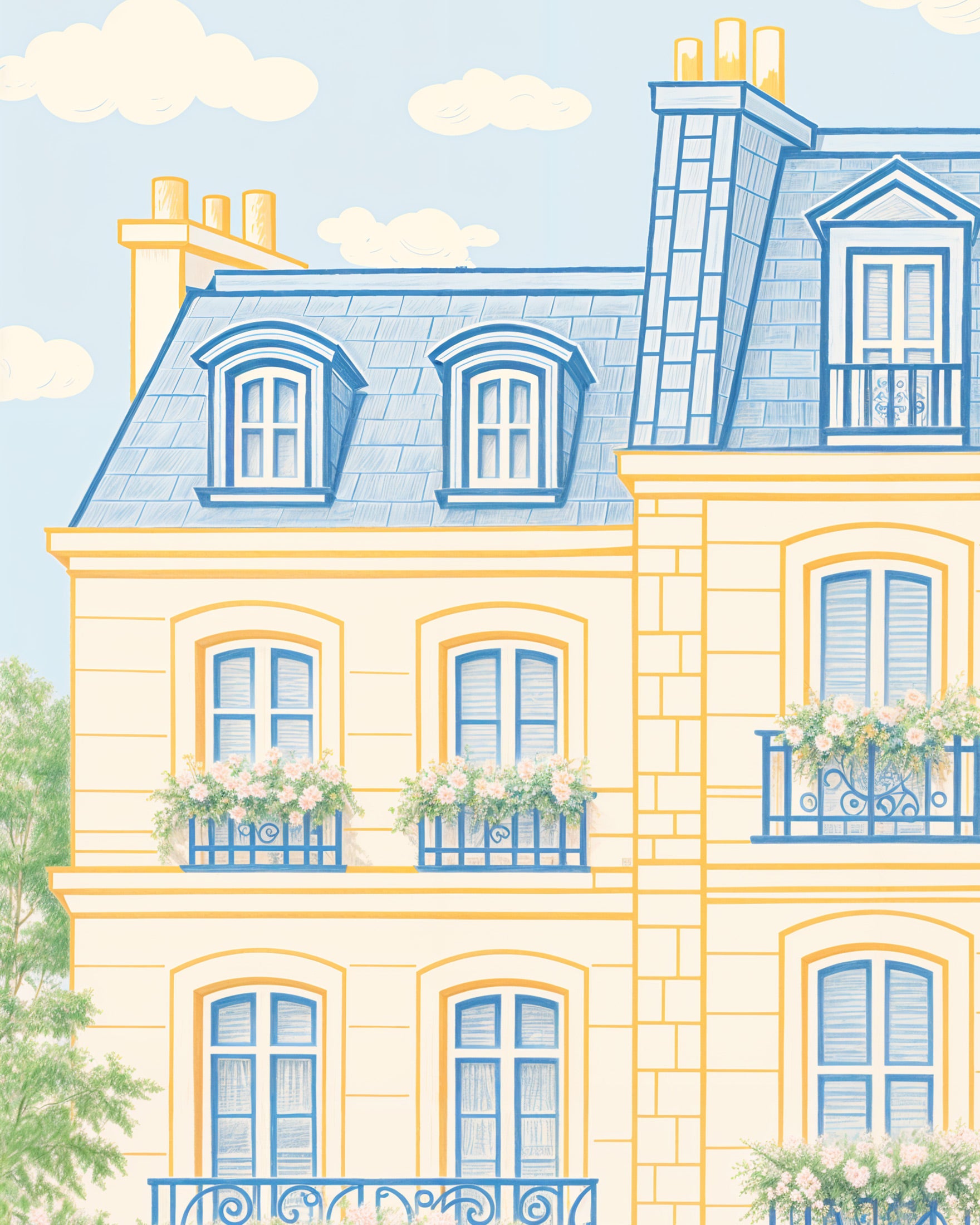 Pôster da Fachada de Paris – Ilustração Pastel Elegante Poster