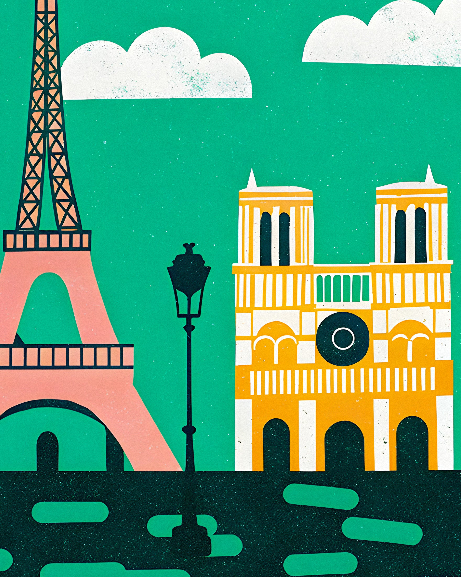 Ilustração Gráfica Moderna da Torre Eiffel e Notre-Dame - Pôster de Paris Poster