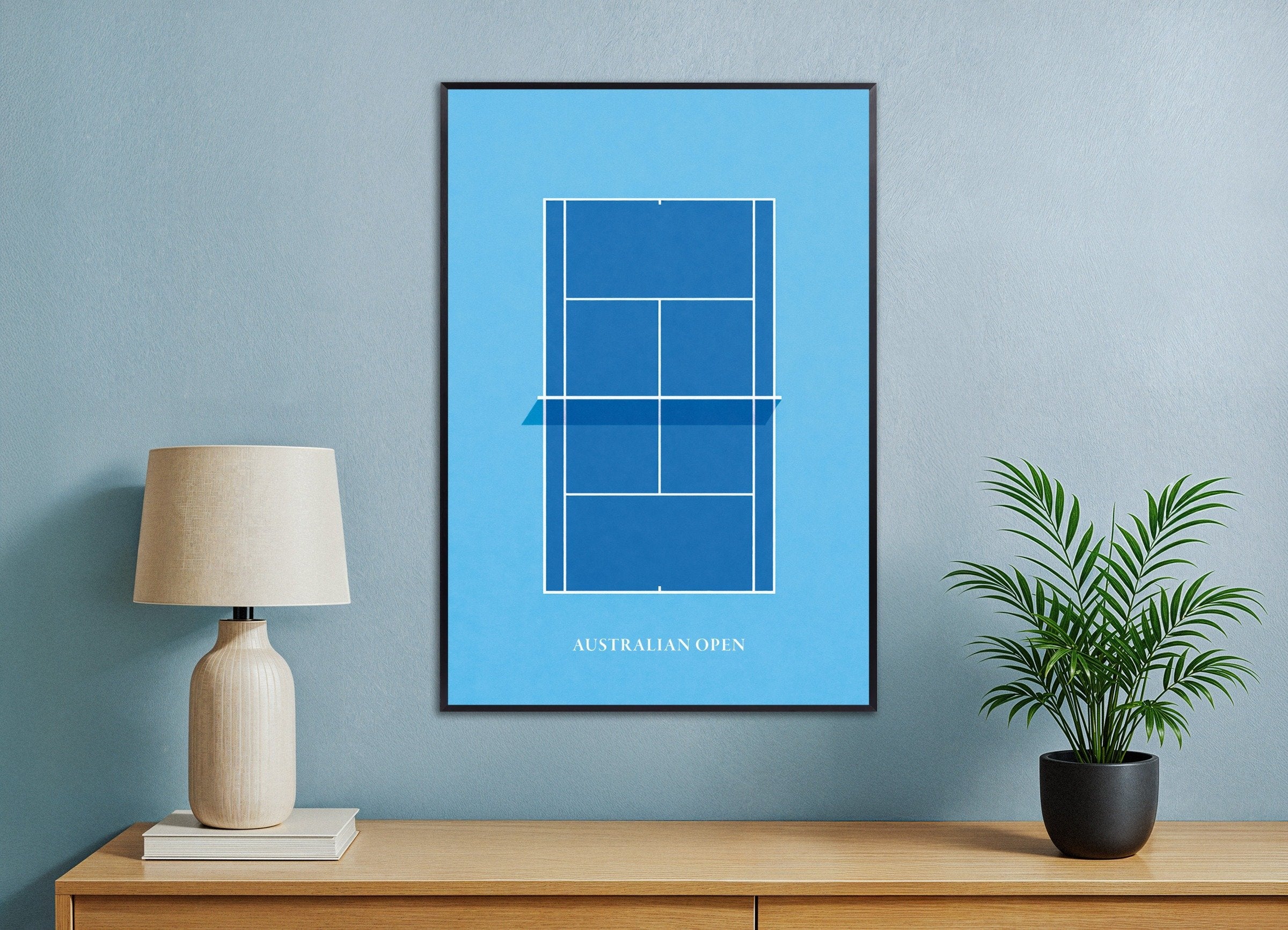 Poster of Australian Open tennis poster – Minimalist blue court art print, with metal frame