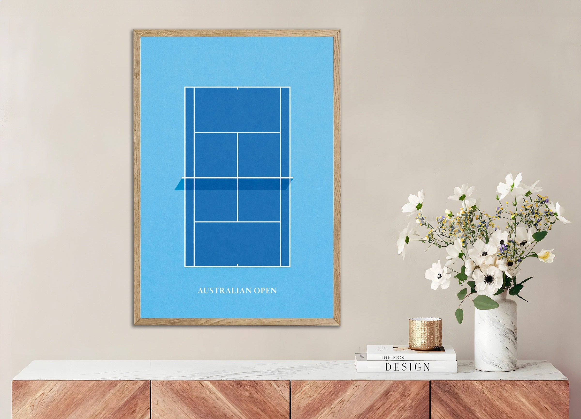 Poster of Australian Open tennis poster – Minimalist blue court art print, with natural wooden frame