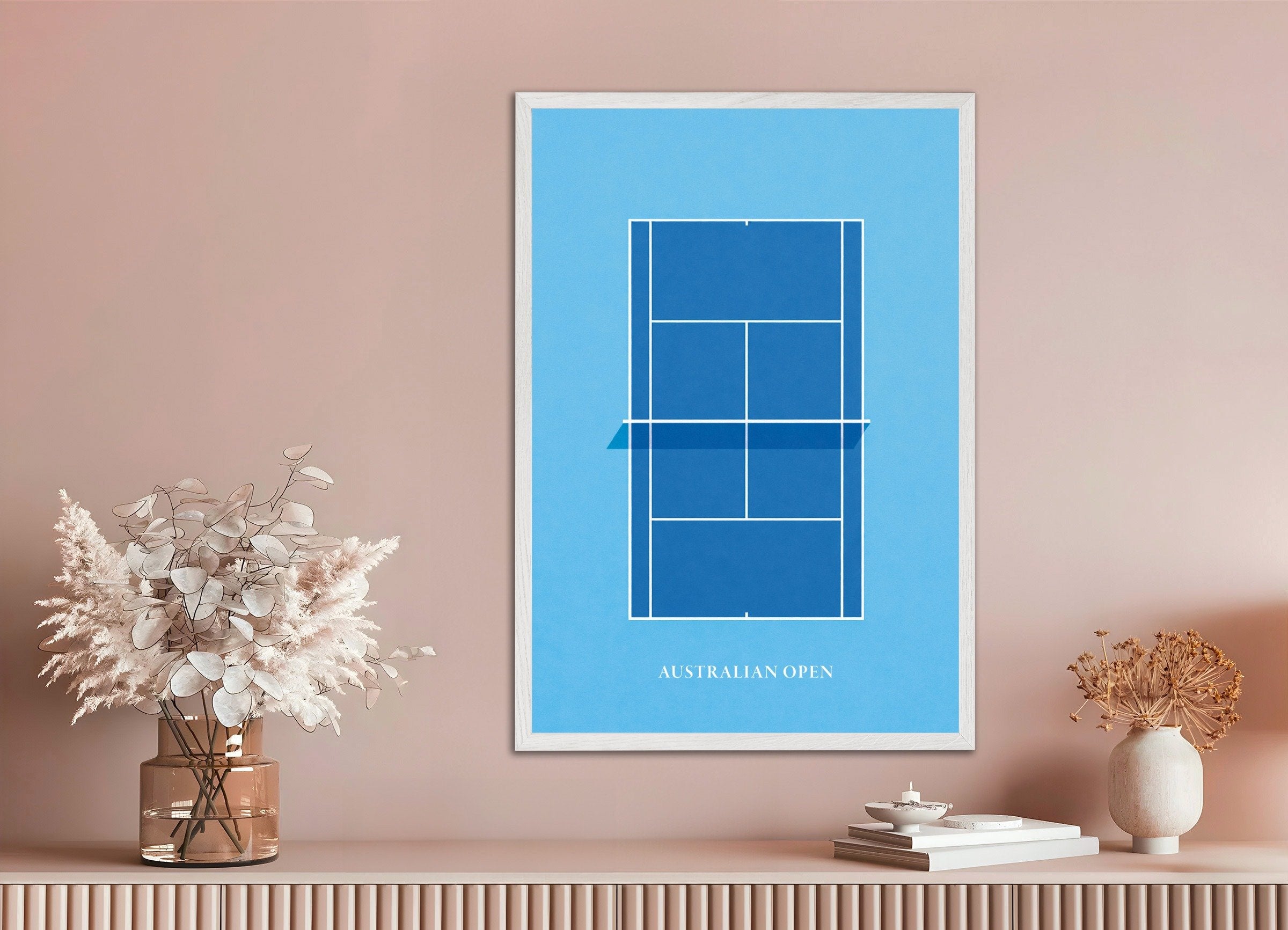 Poster of Australian Open tennis poster – Minimalist blue court art print, with white wooden frame