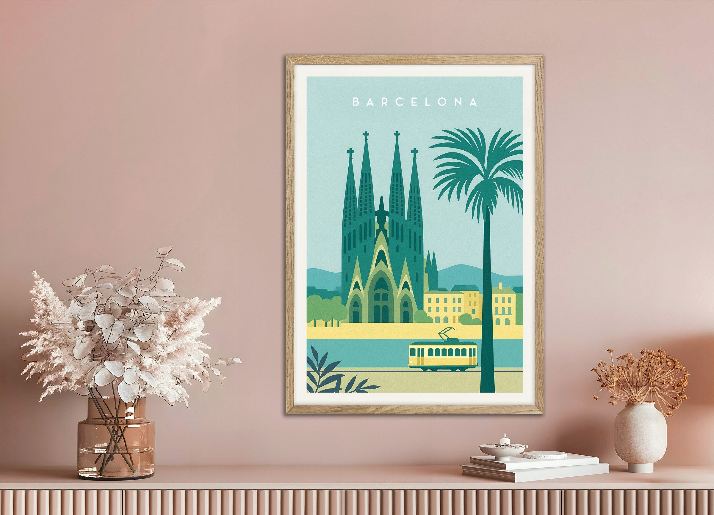 Poster of Barcelona Sagrada Família Wall Art Print, with natural wooden frame