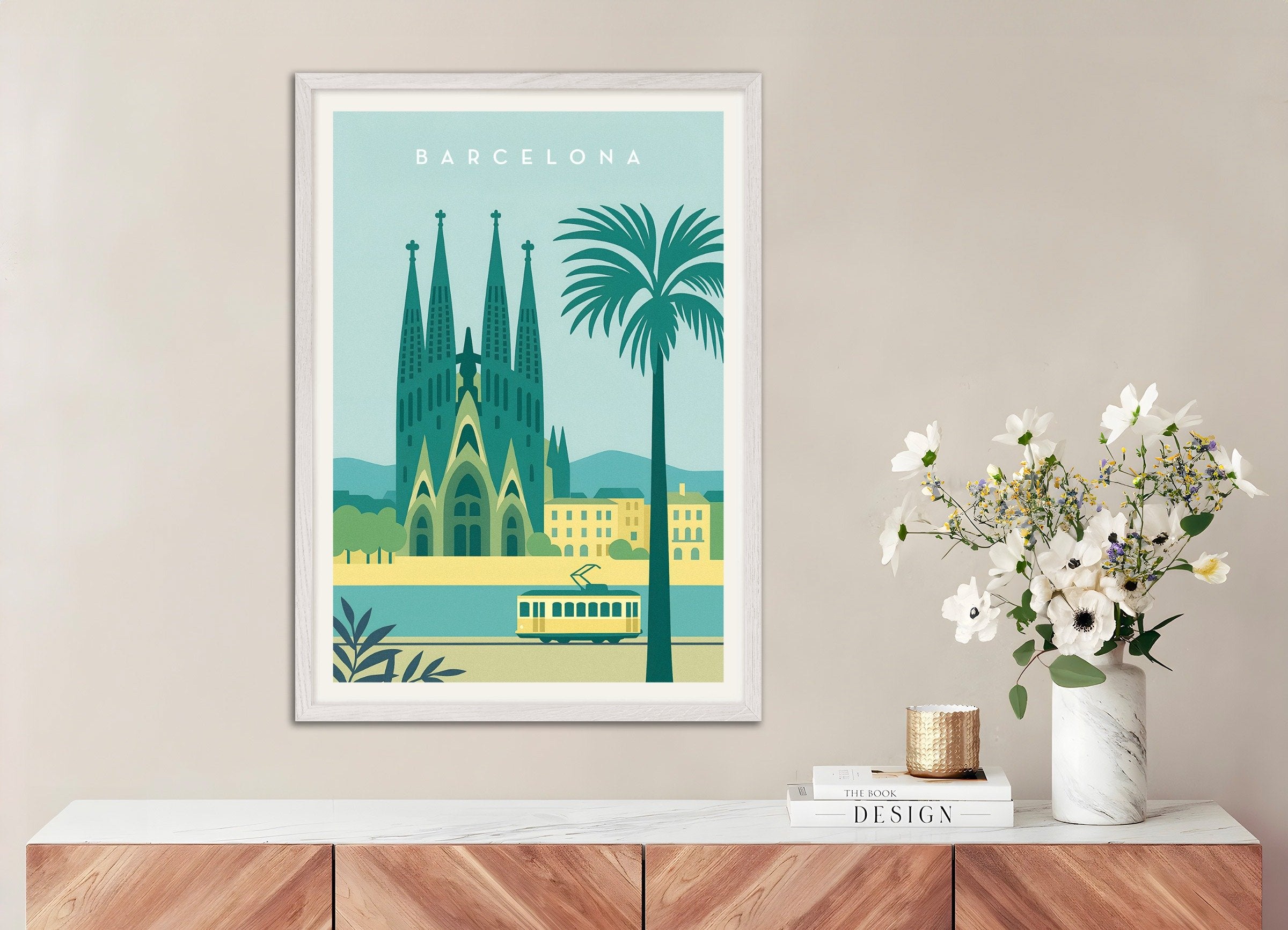 Poster of Barcelona Sagrada Família Wall Art Print, with white wooden frame