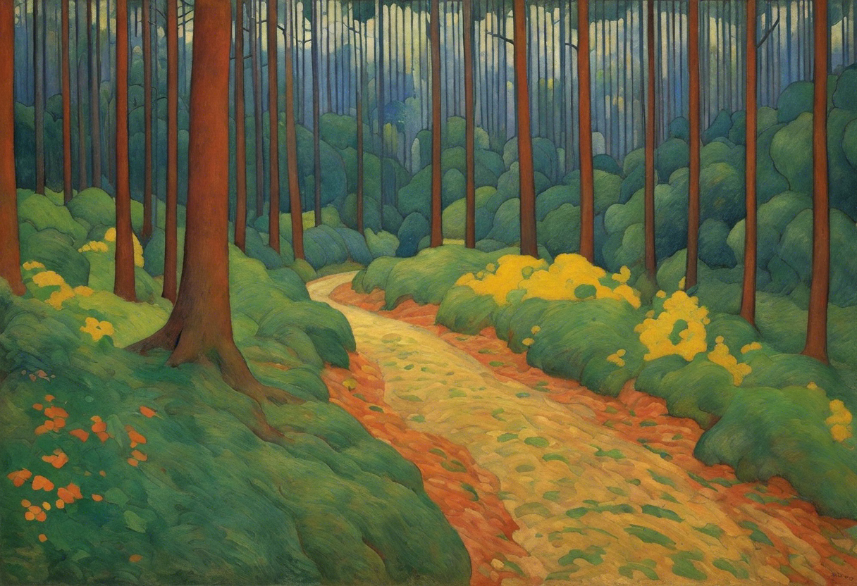 Simbolismo com cores vibrantes e formas simplificadas, Floresta - Pôster