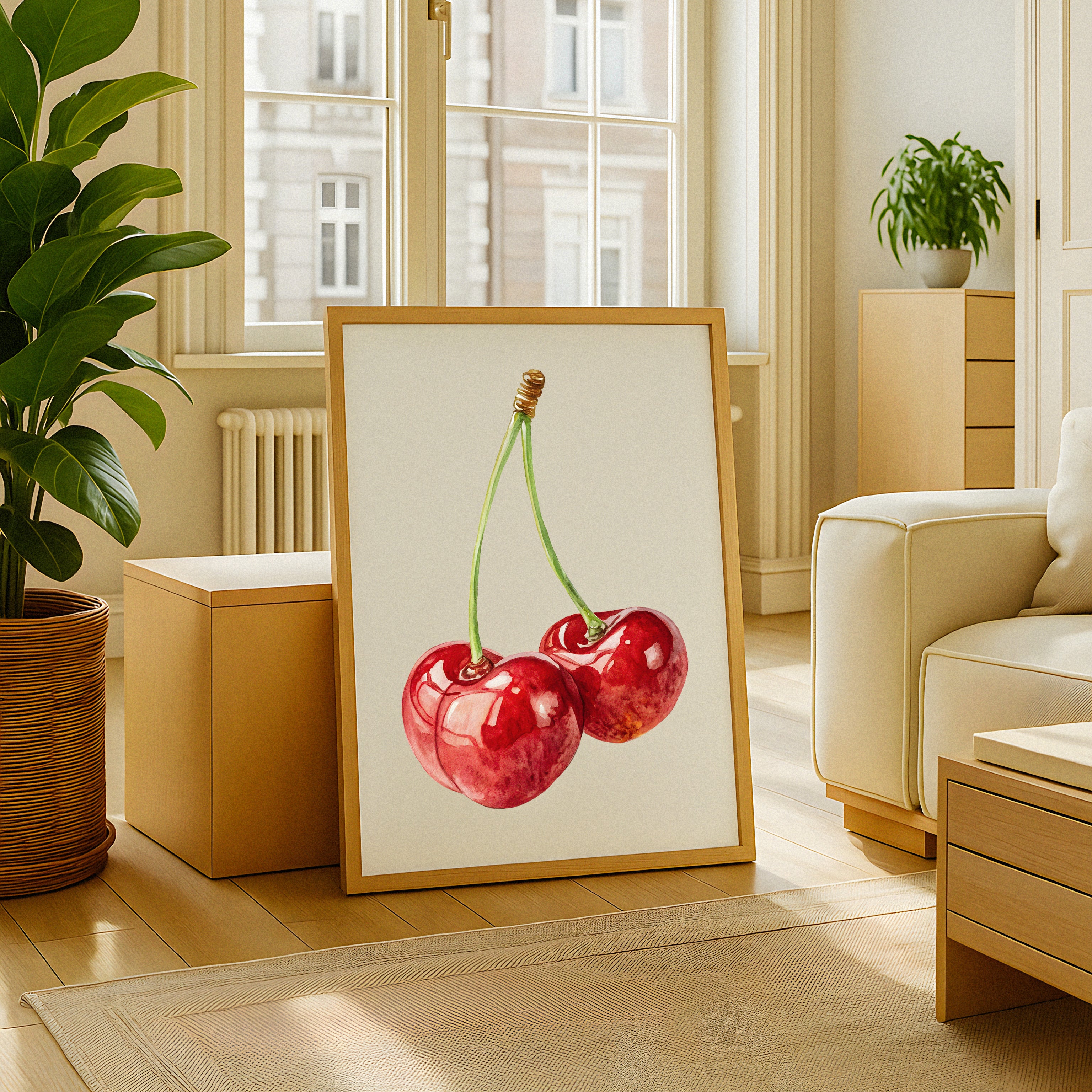 Impressão de Arte de Cereja em Aquarela – Pôster Decorativo de Frutas para Parede Poster