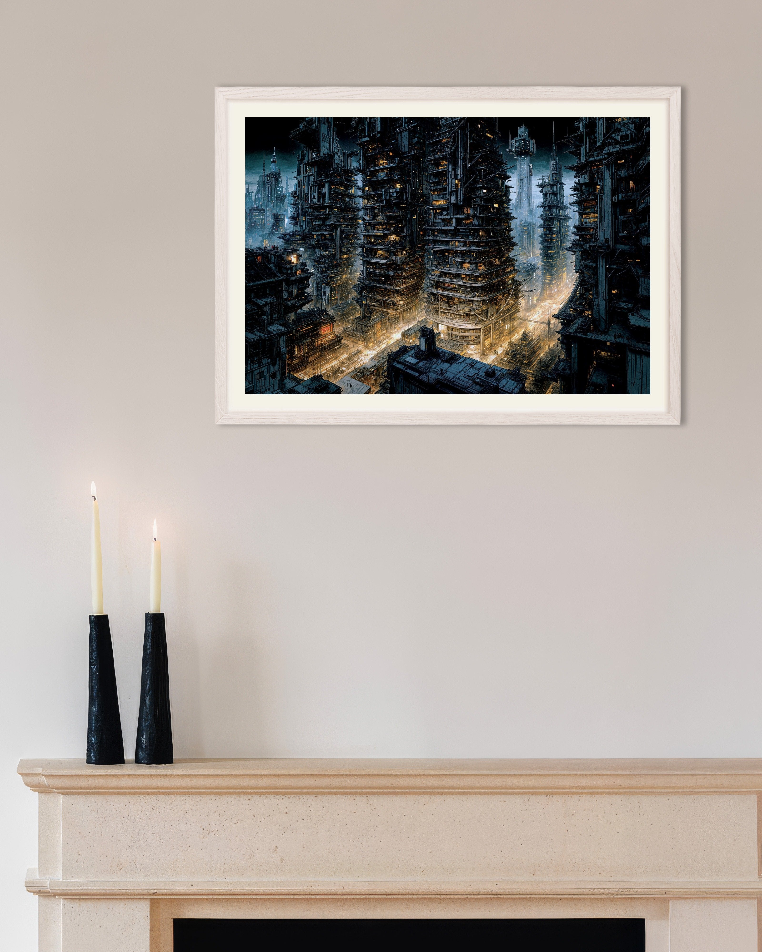 Poster of Cybernetic city at night, science-fiction - Poster, with white wooden frame