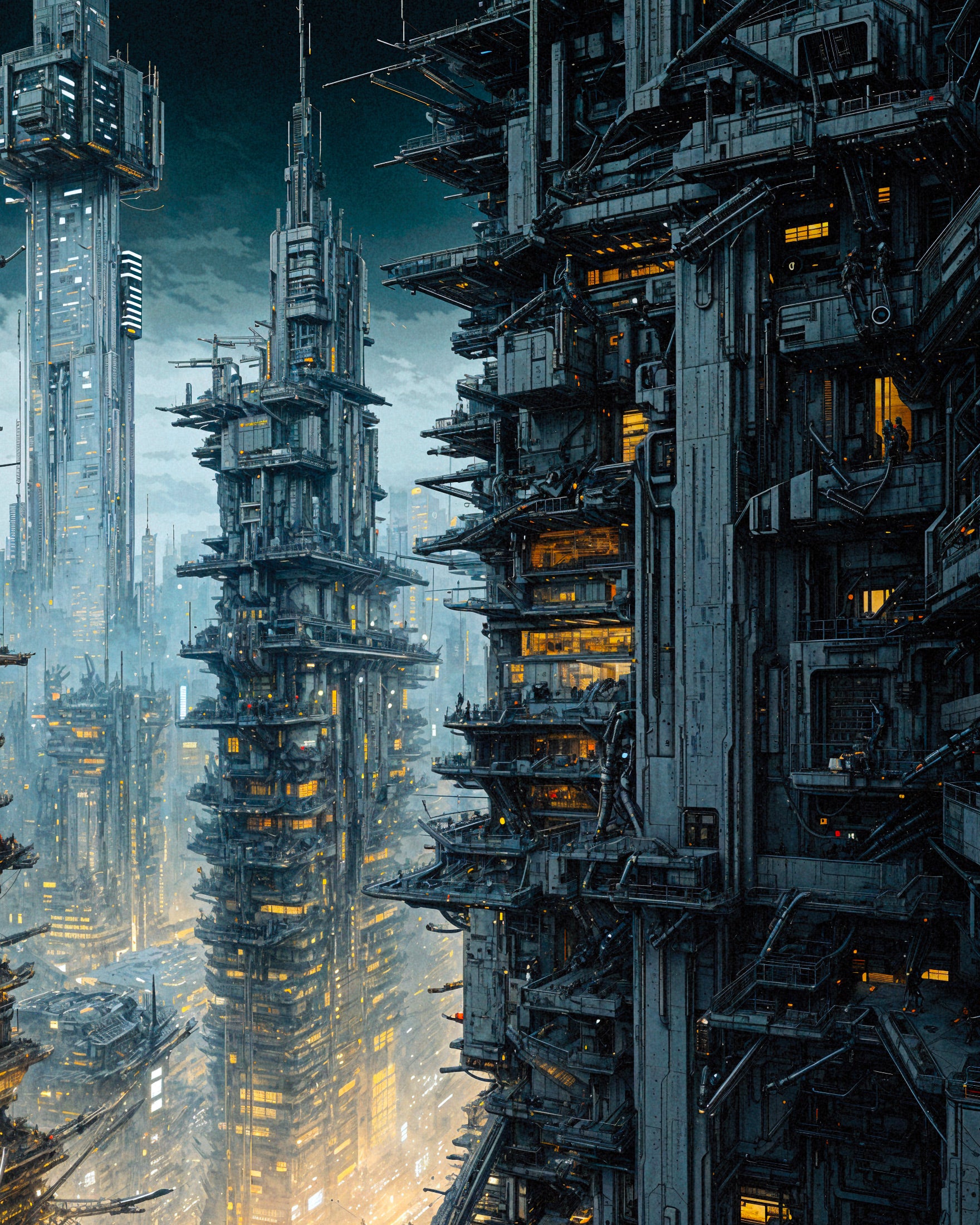 Futuristic cityscape with tall buildings and reflective water surface