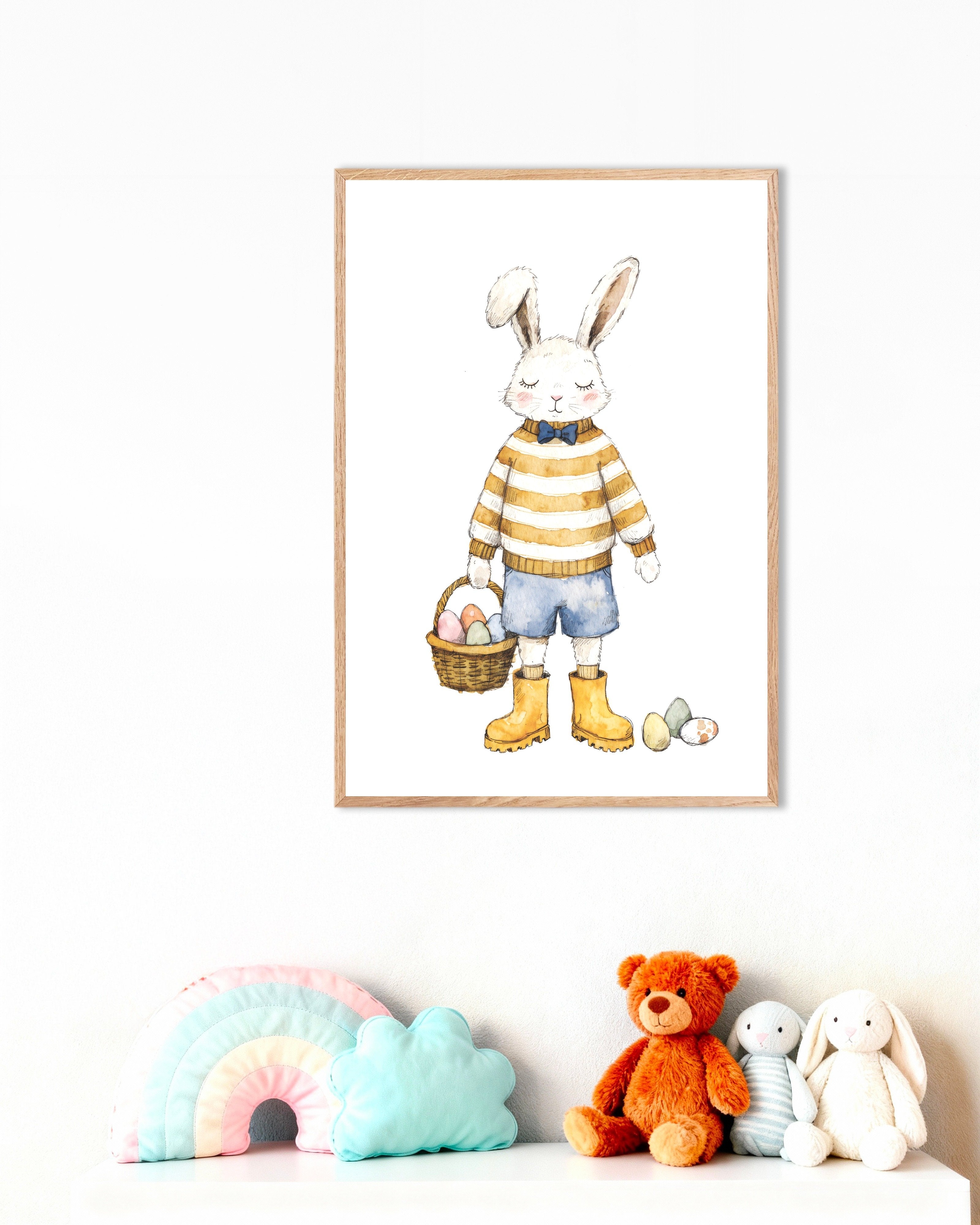 Poster of Easter Bunny with Basket Art Print, with natural wooden frame
