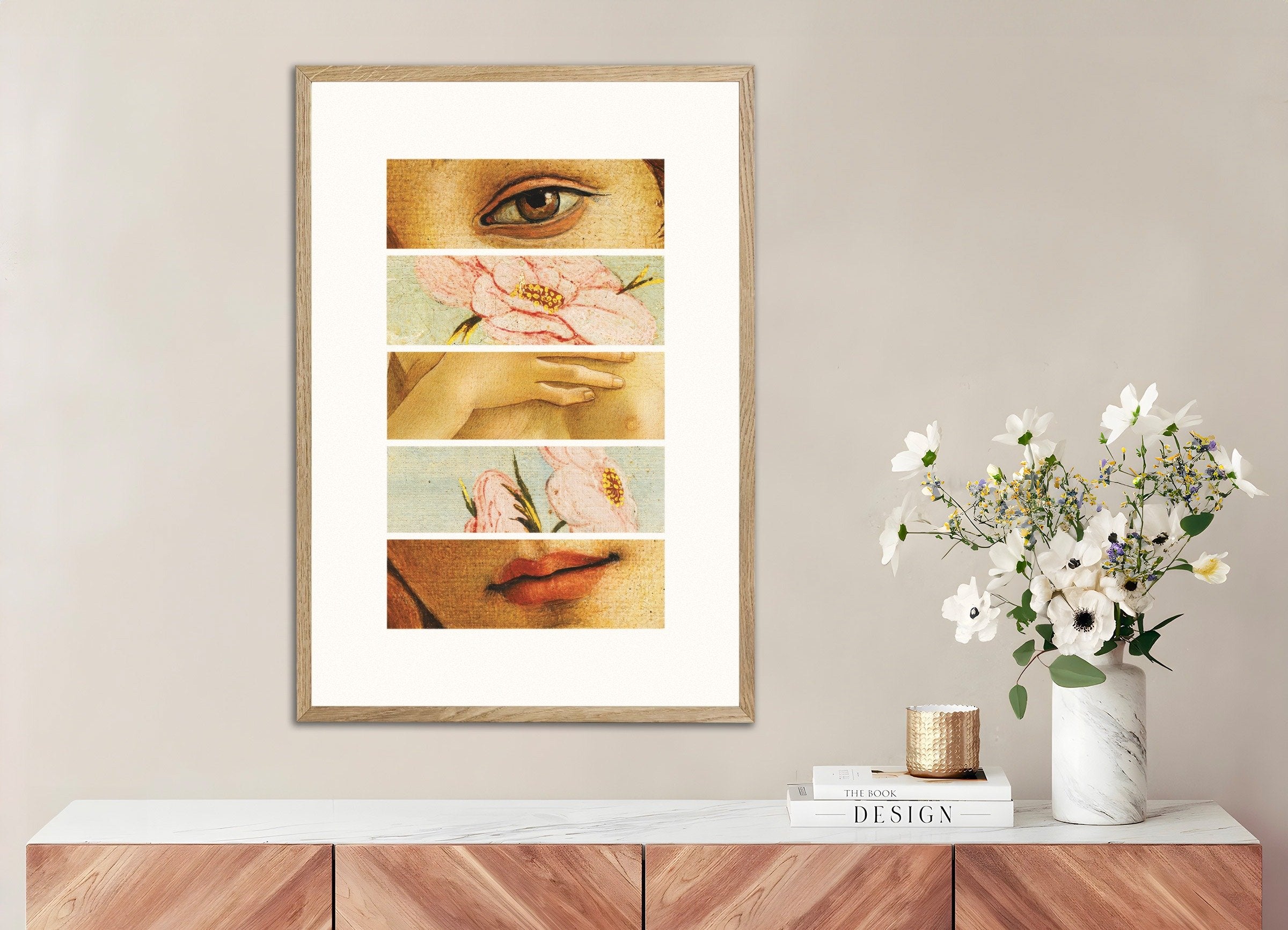 Poster of Fragments of Botticelli’s Venus art print, with natural wooden frame