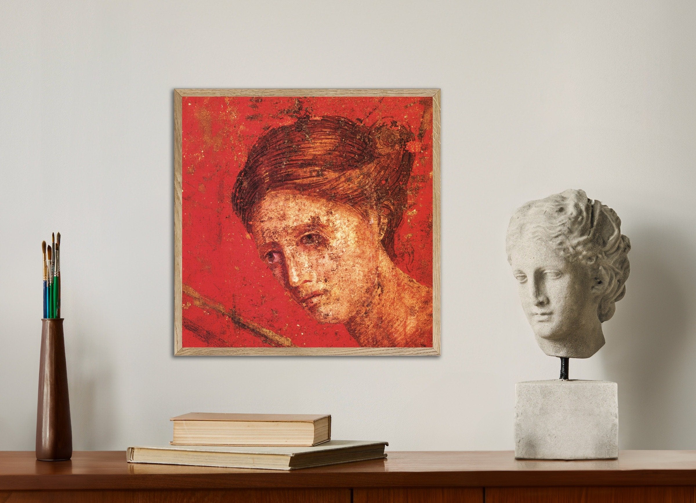 Poster of Fresco detail from the Villa dei Misteri in Pompeii, with natural wooden frame