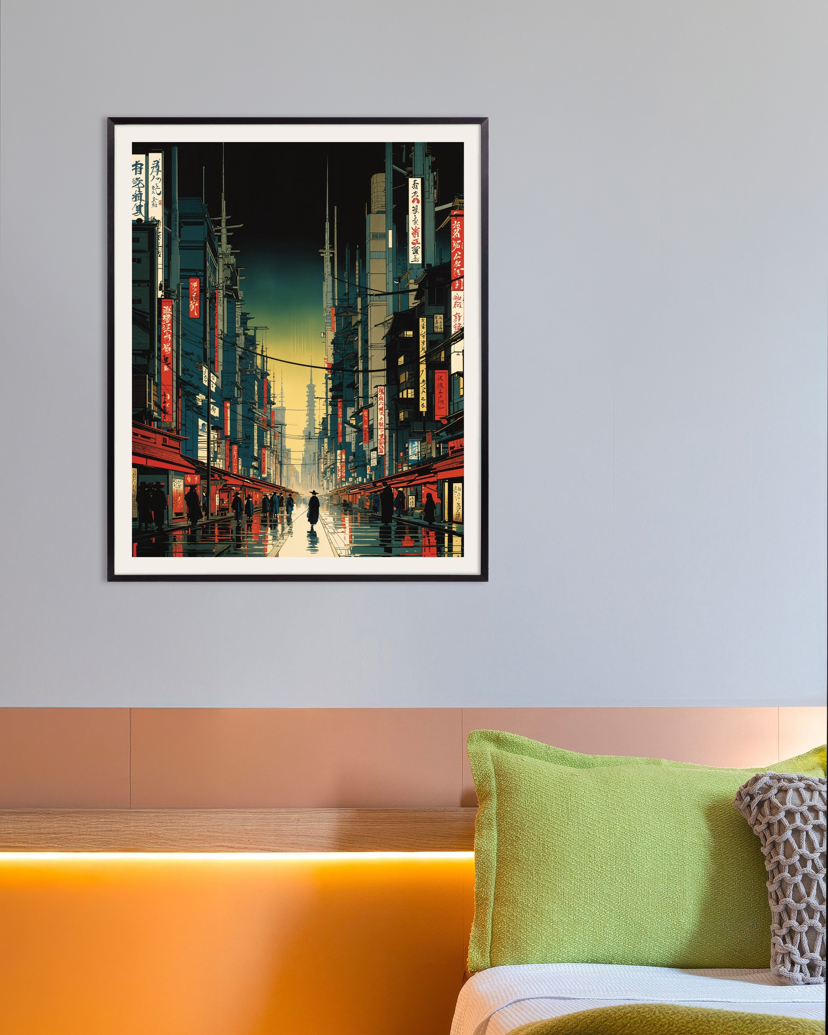 Poster of Hiroshige hypertech, street of a futuristic city - Poster, with metal frame