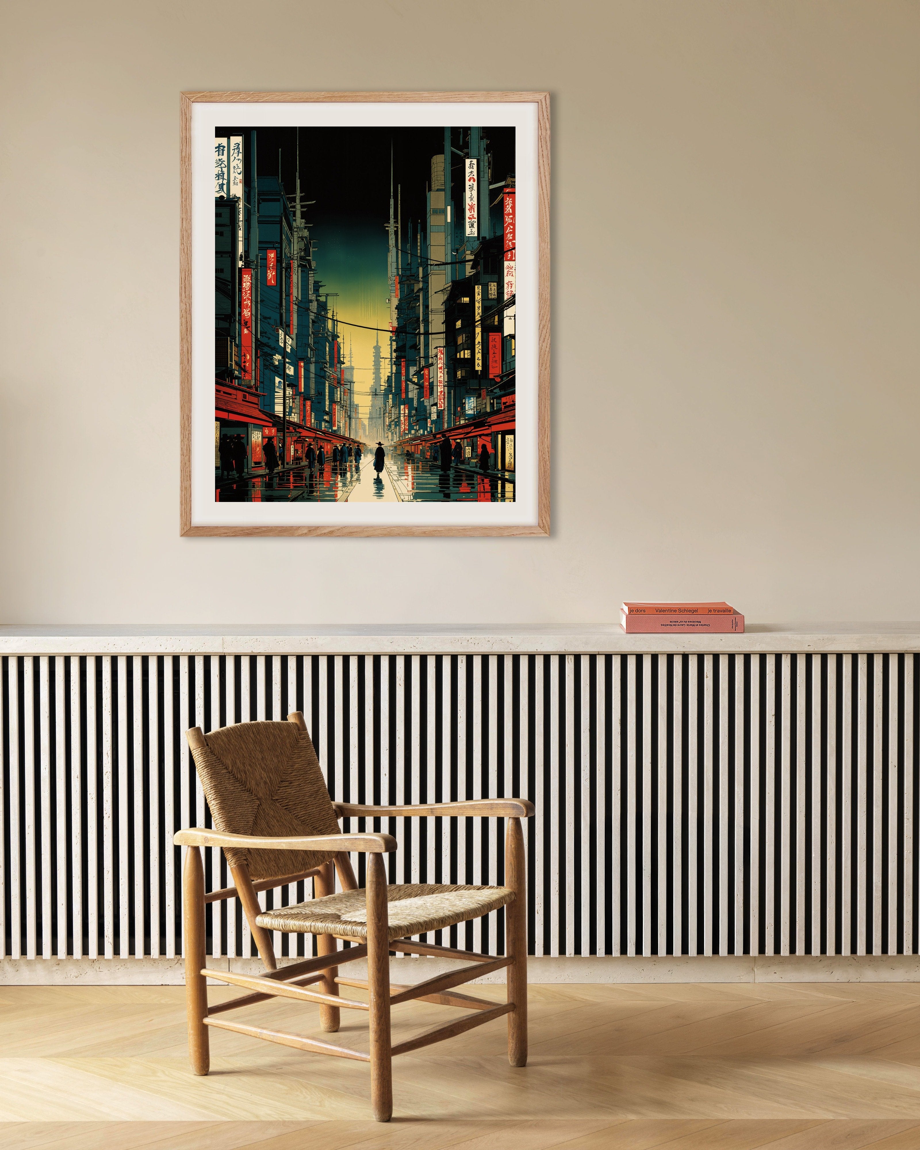 Poster of Hiroshige hypertech, street of a futuristic city - Poster, with natural wooden frame