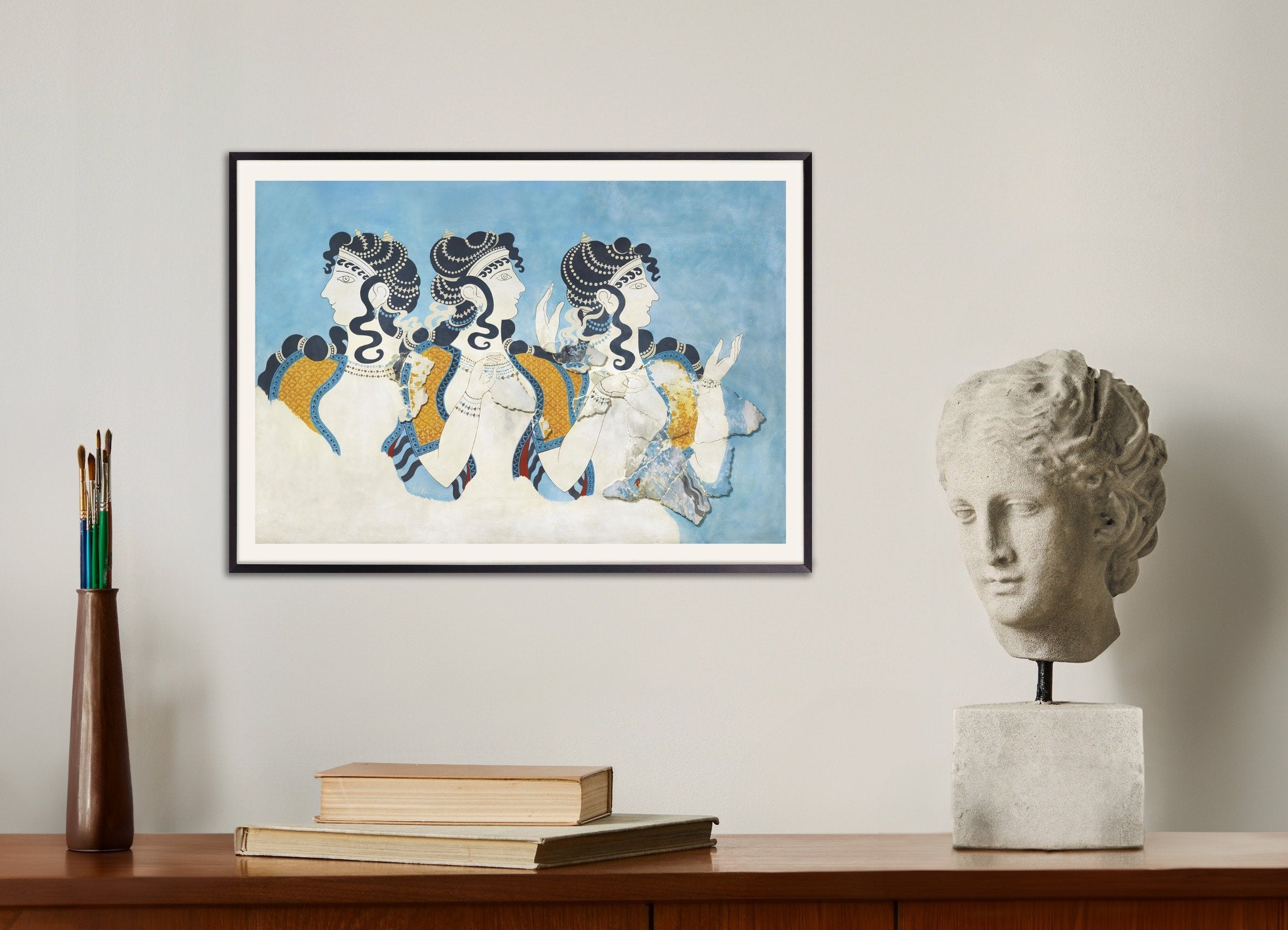 Poster of Ladies in Blue fresco reproduction by Emile Gilliéron, with metal frame