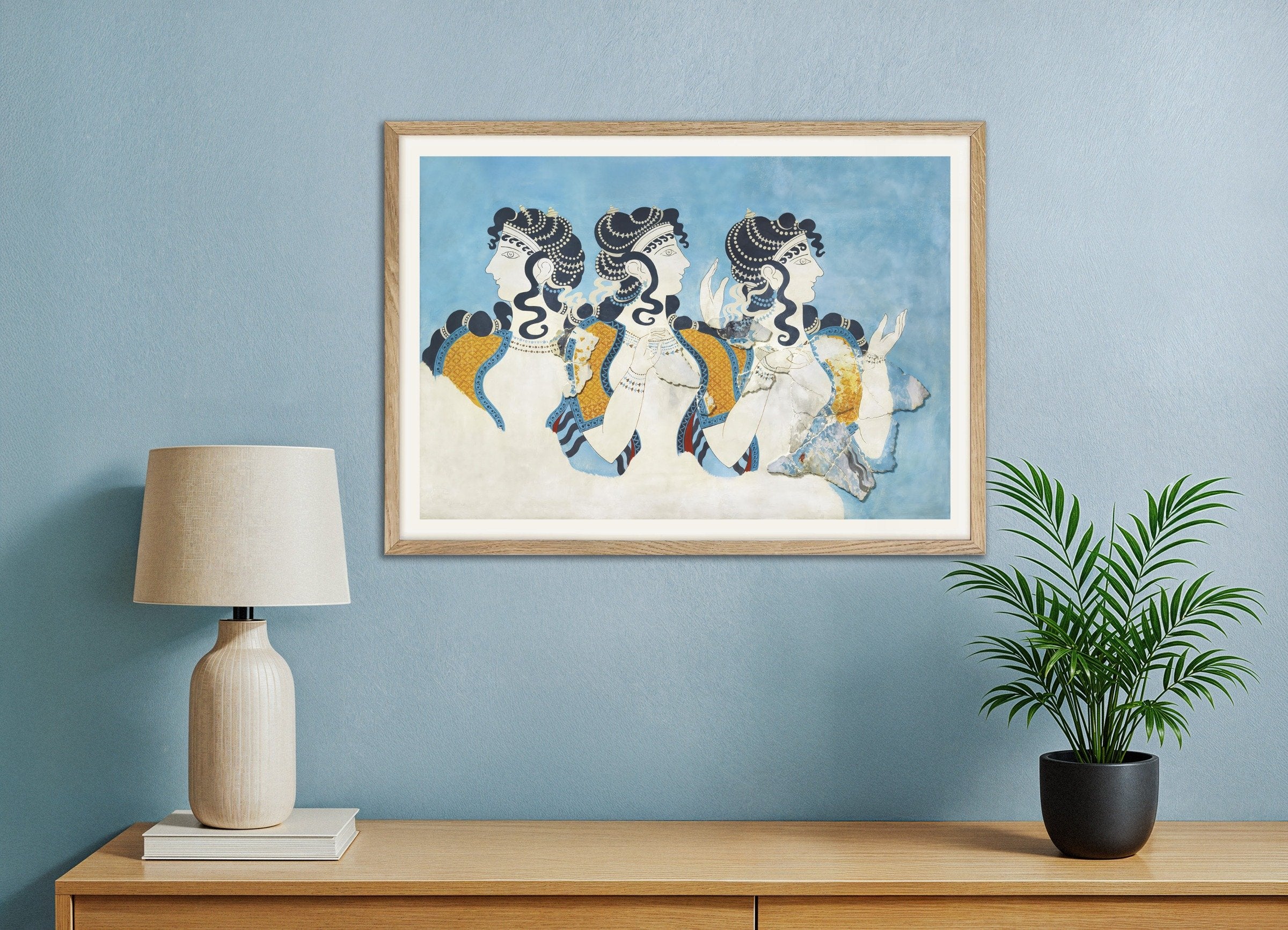 Poster of Ladies in Blue fresco reproduction by Emile Gilliéron, with natural wooden frame