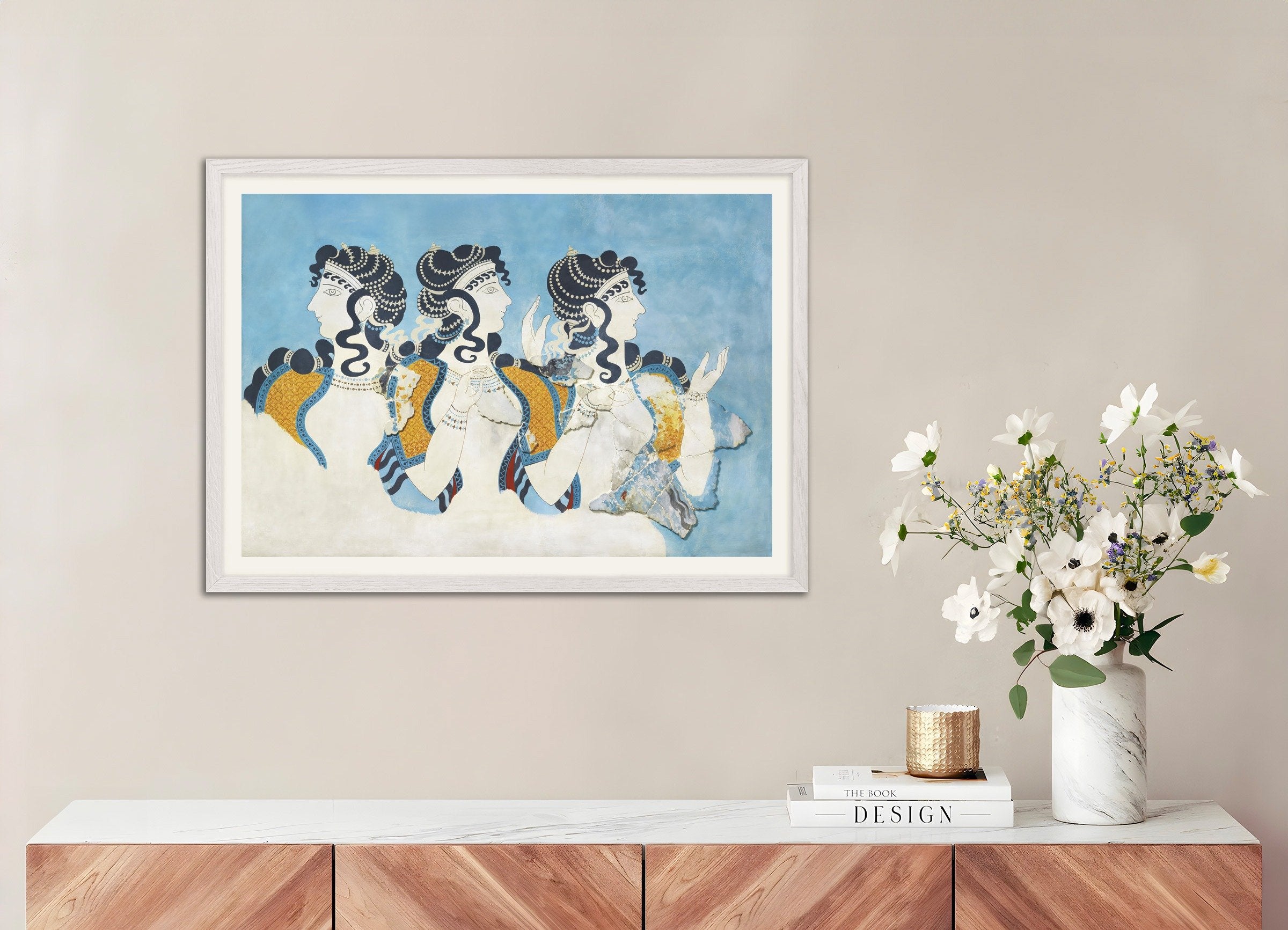 Poster of Ladies in Blue fresco reproduction by Emile Gilliéron, with white wooden frame