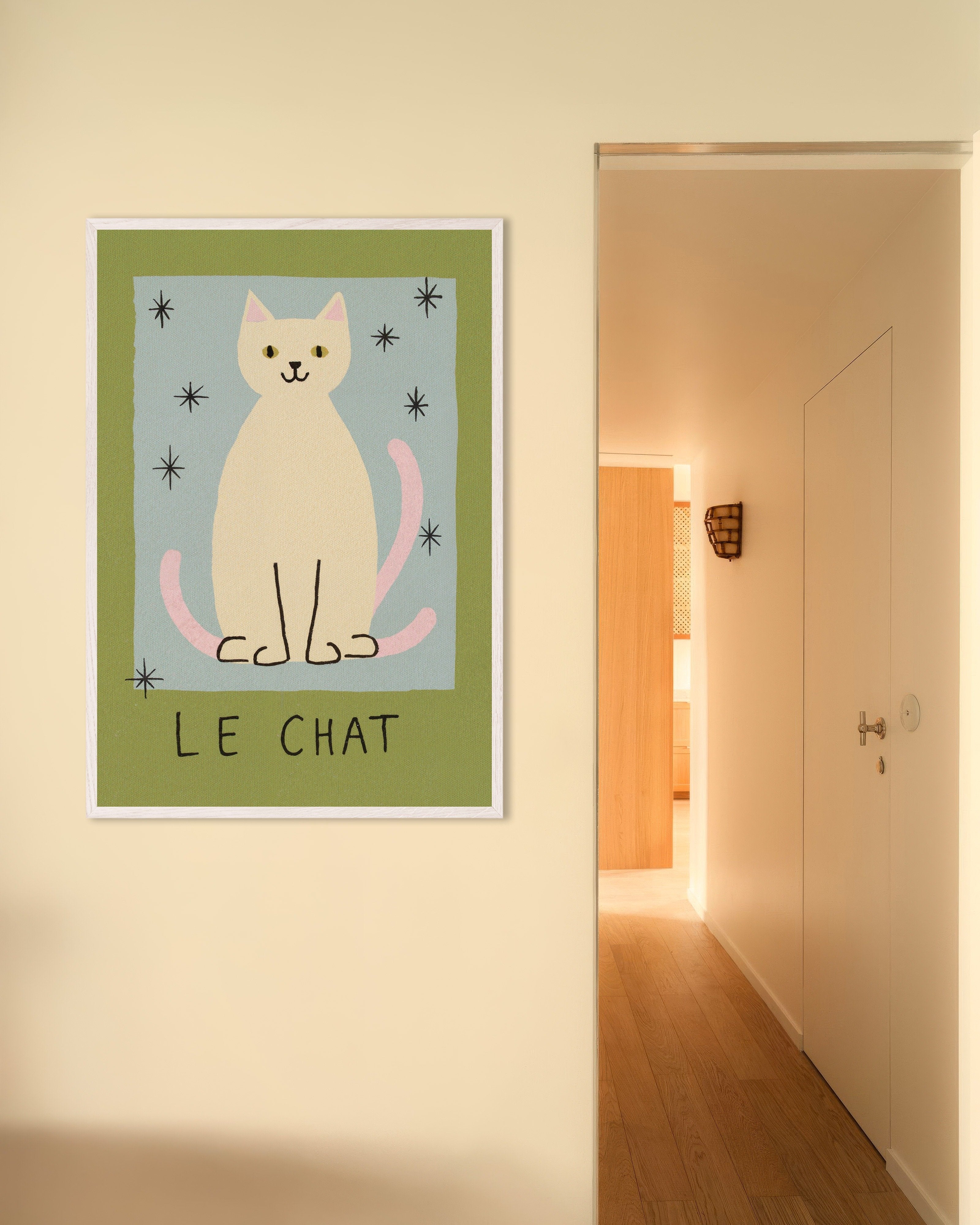 Poster of Le Chat - Mid-Century Cat Poster, with white wooden frame