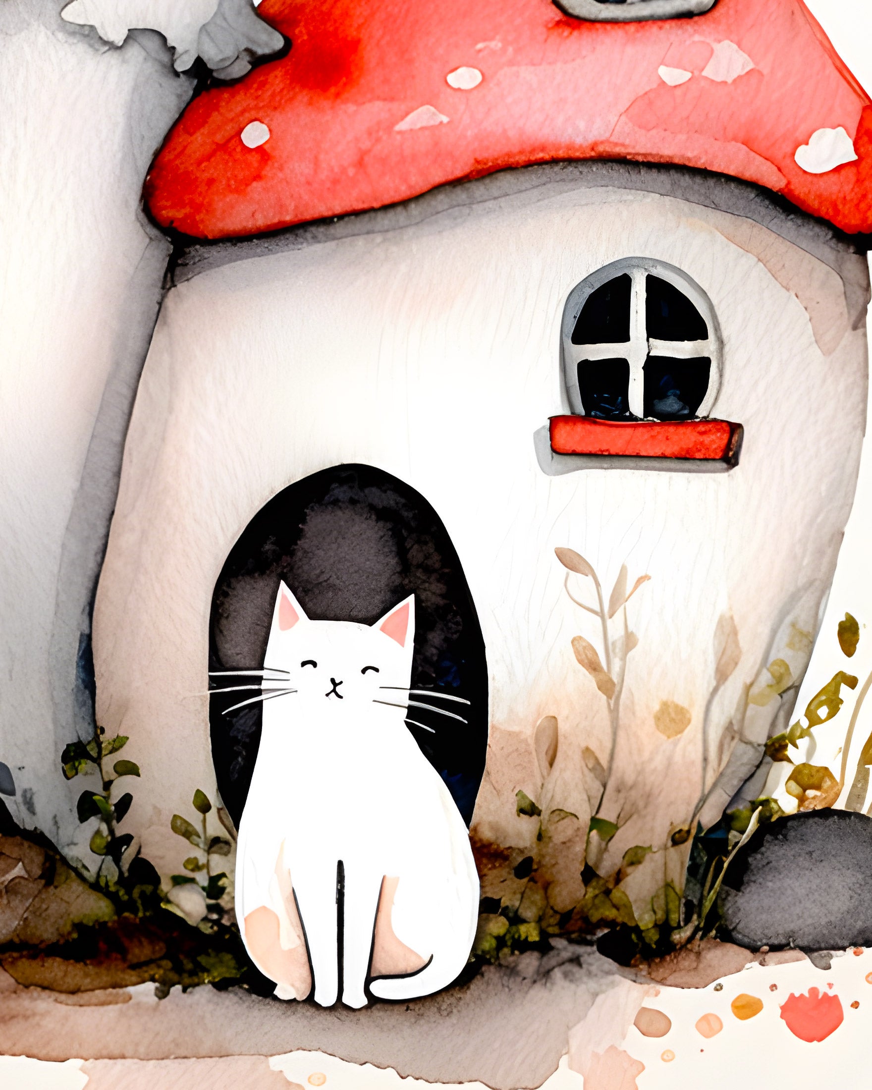 Illustration of a cat sitting in front of a mushroom-shaped house with a red cap.
