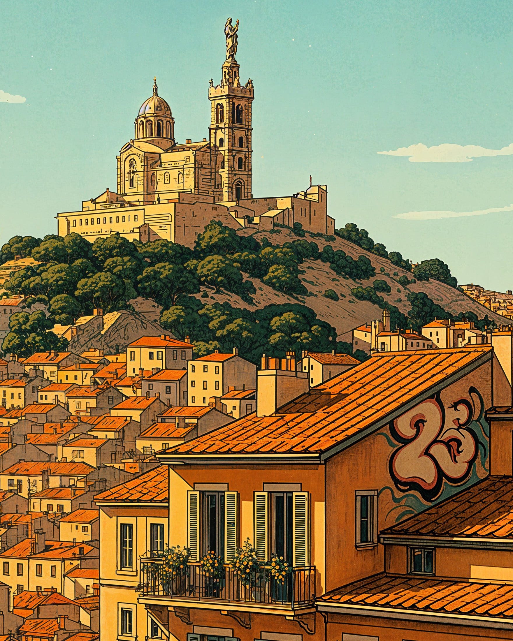 Pôster de Marselha – Paisagem Urbana de Notre-Dame de la Garde Poster