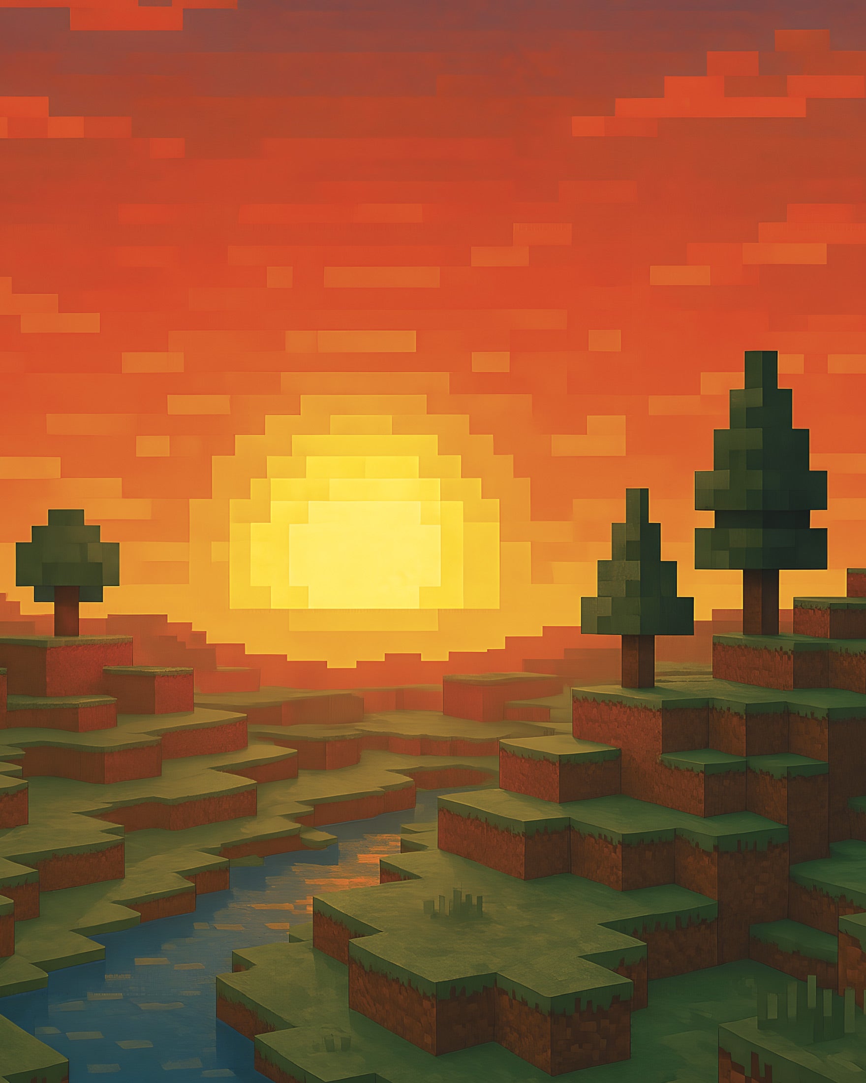 Pôster de fã de arte em blocos pixelizados do pôr do sol com rio e árvores