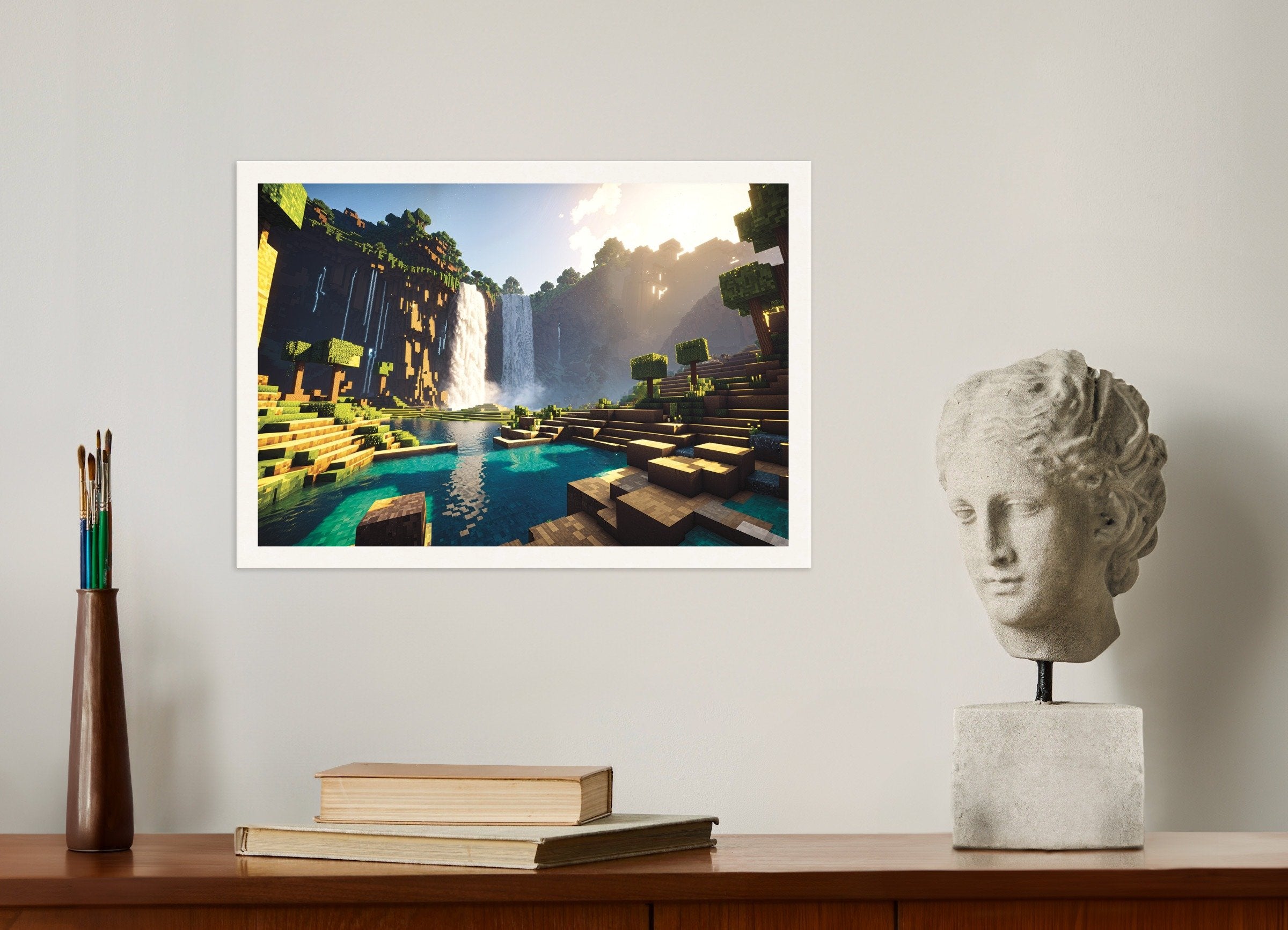 Poster of Minecraft waterfall landscape print