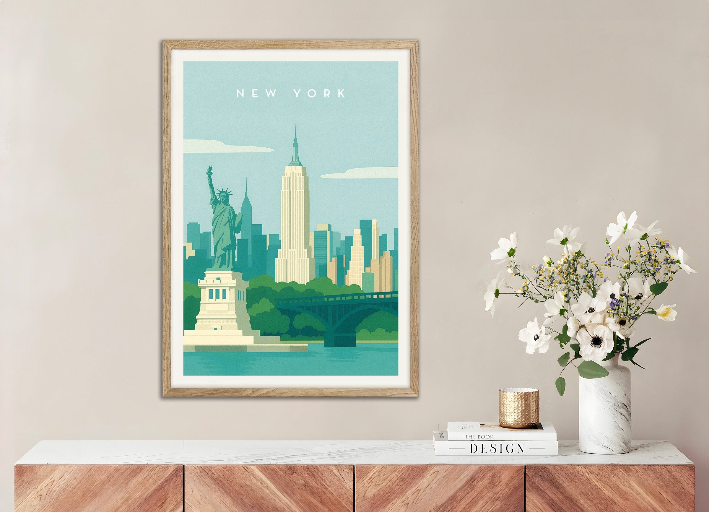 Poster of New York City Wall Art Print, with natural wooden frame
