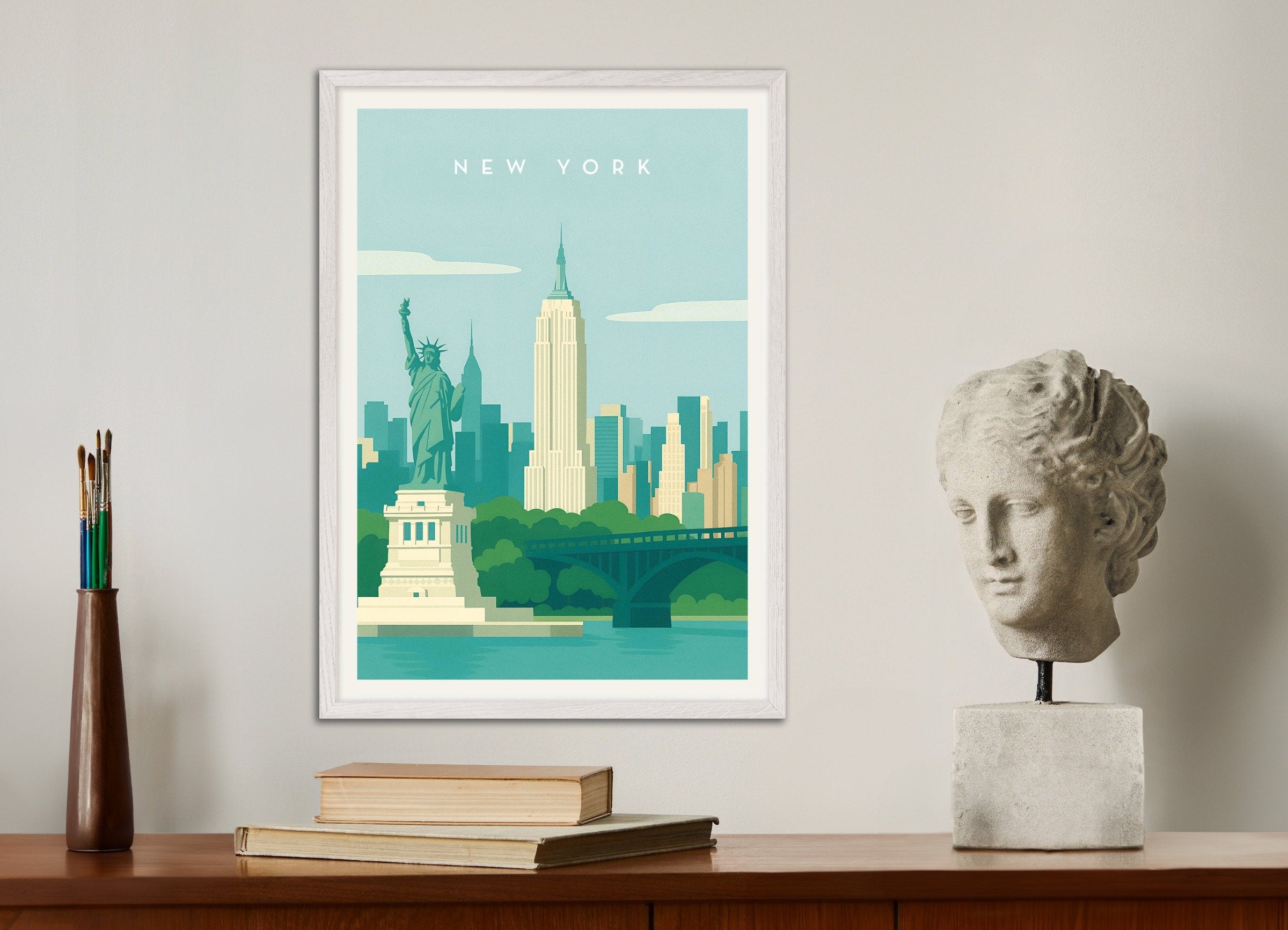 Poster of New York City Wall Art Print, with white wooden frame