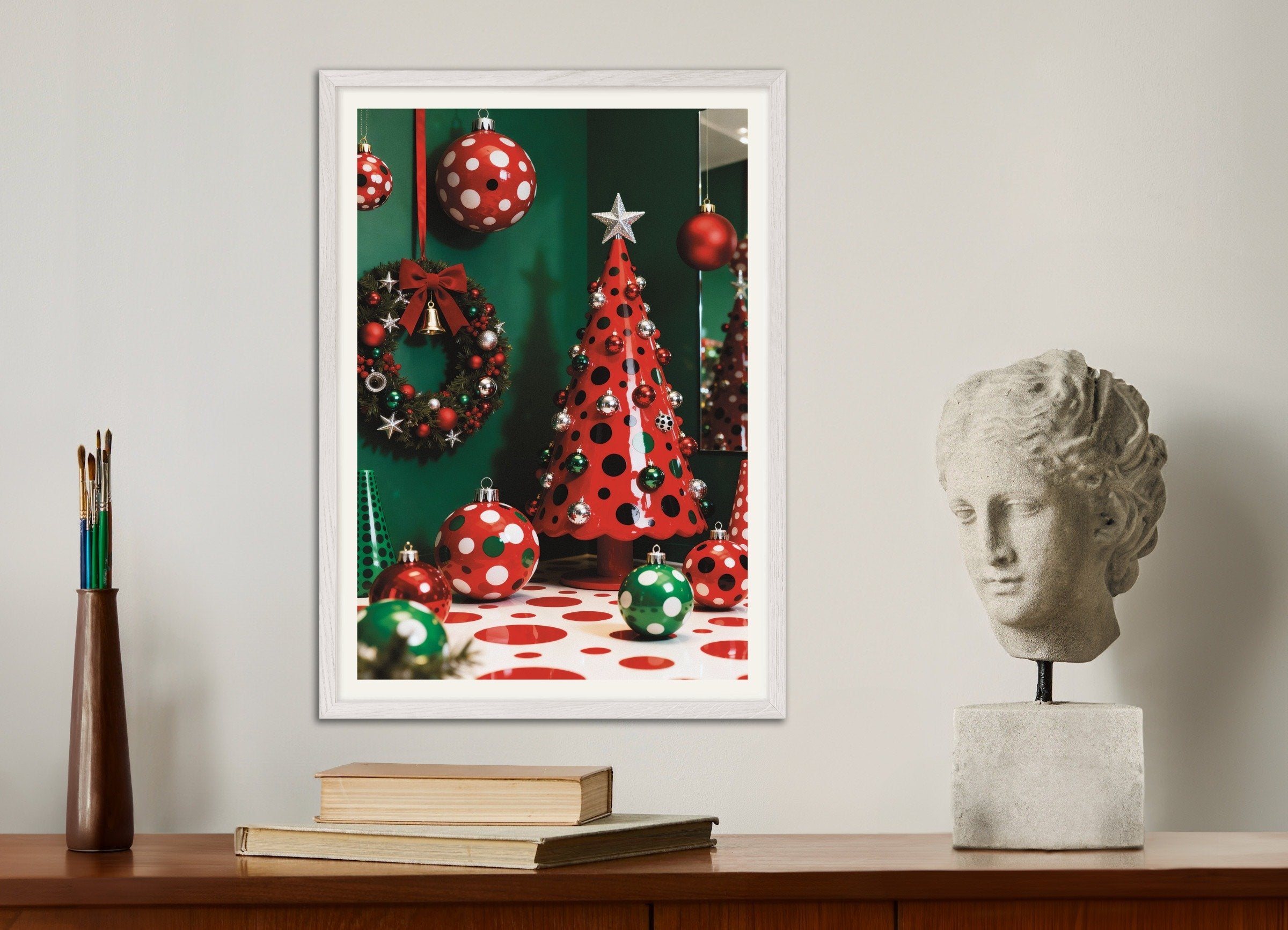 Poster of Red and green Christmas decor poster, with white wooden frame