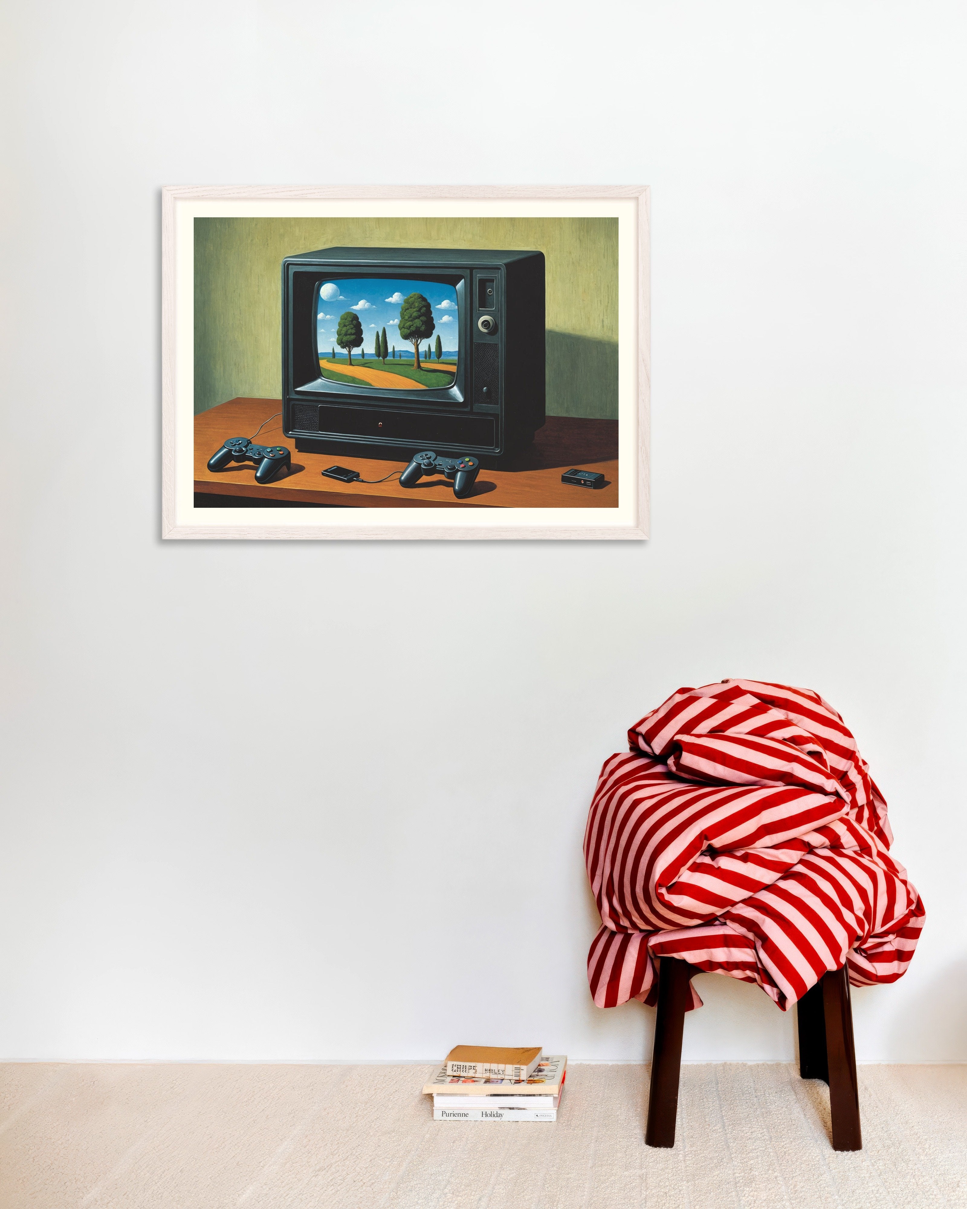 Poster of Surrealist painting game setup poster, with white wooden frame