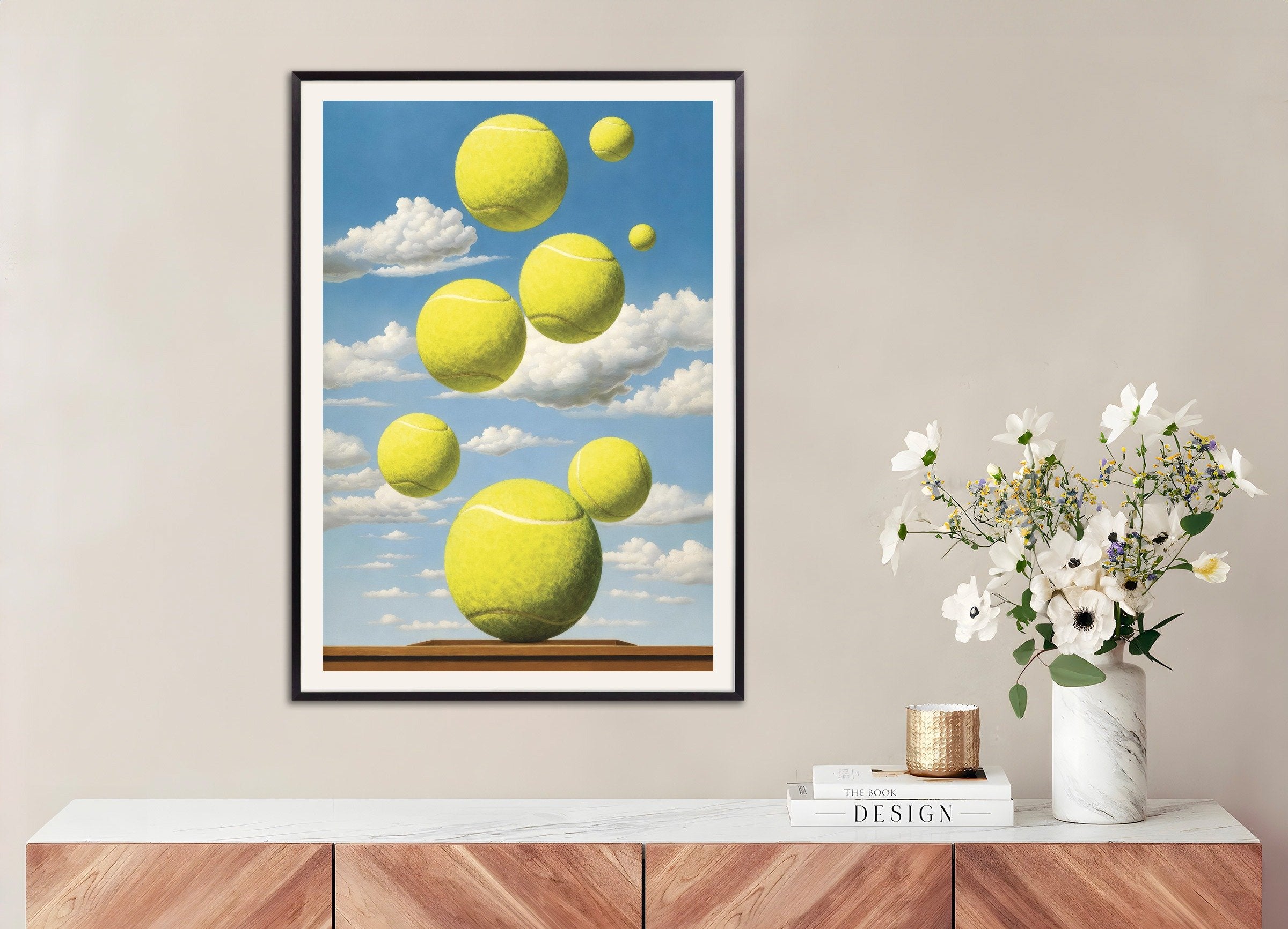 Poster of Tennis balls poster – Surreal sports art print, with metal frame