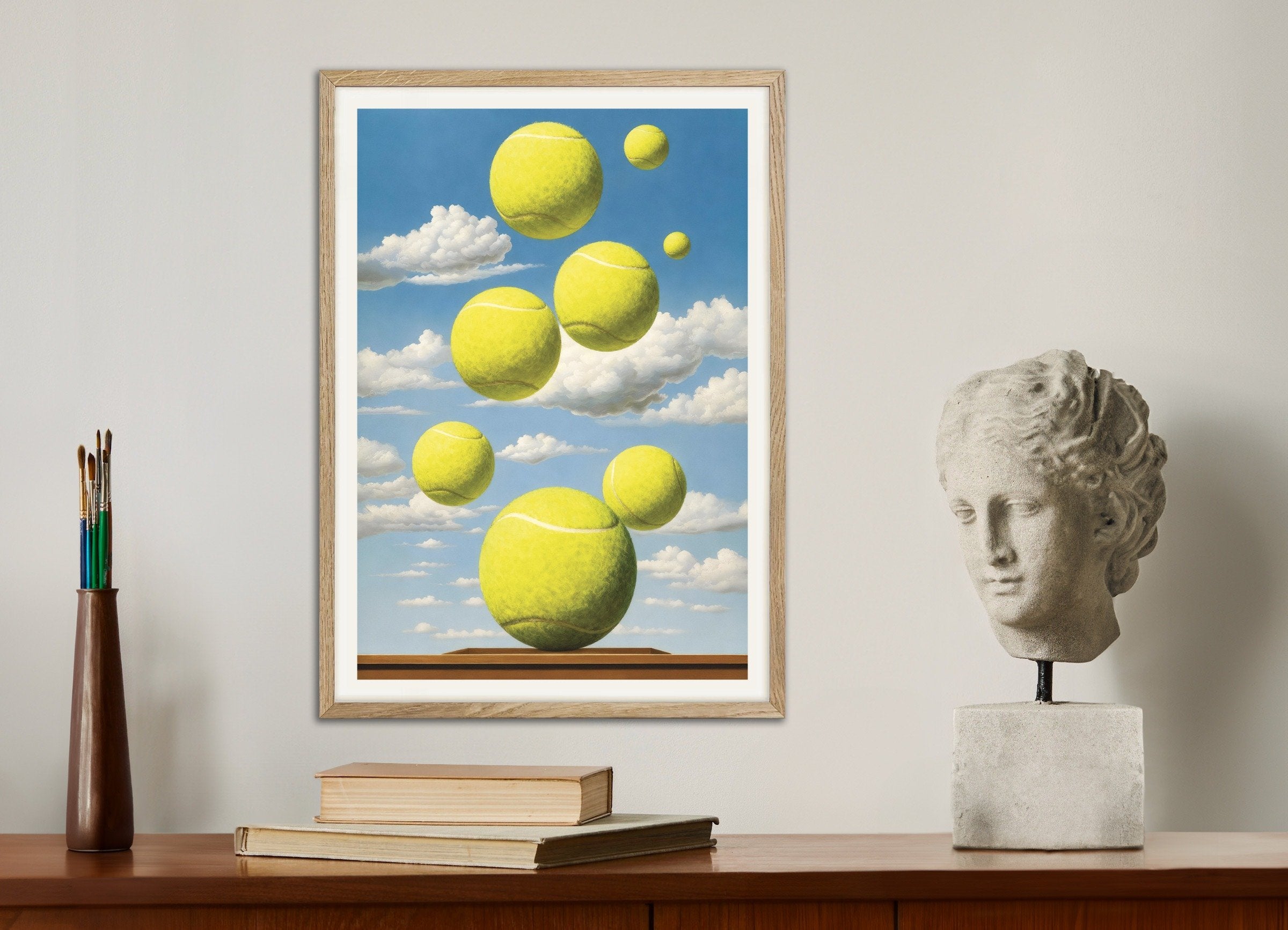 Poster of Tennis balls poster – Surreal sports art print, with natural wooden frame