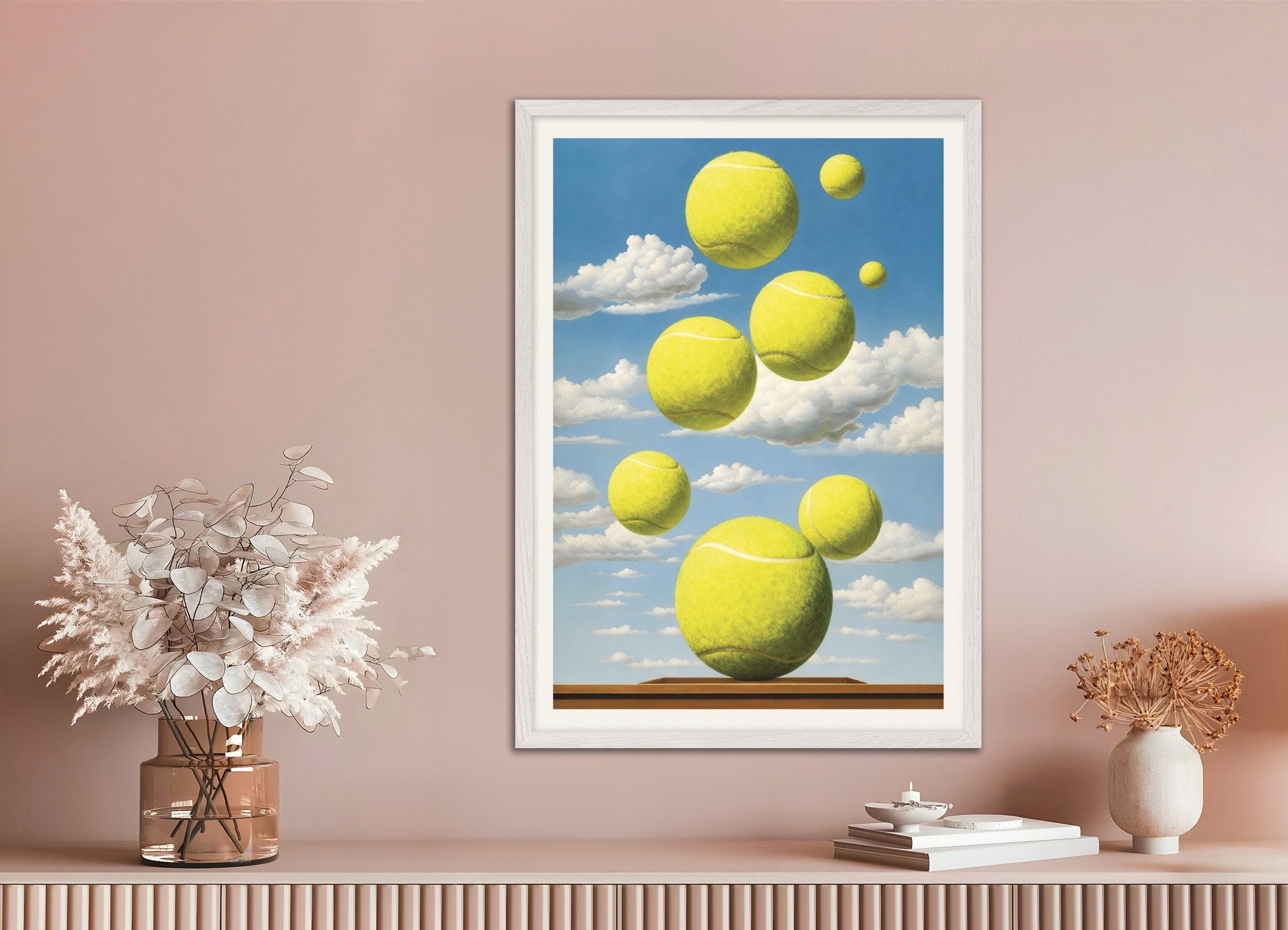 Poster of Tennis balls poster – Surreal sports art print, with white wooden frame