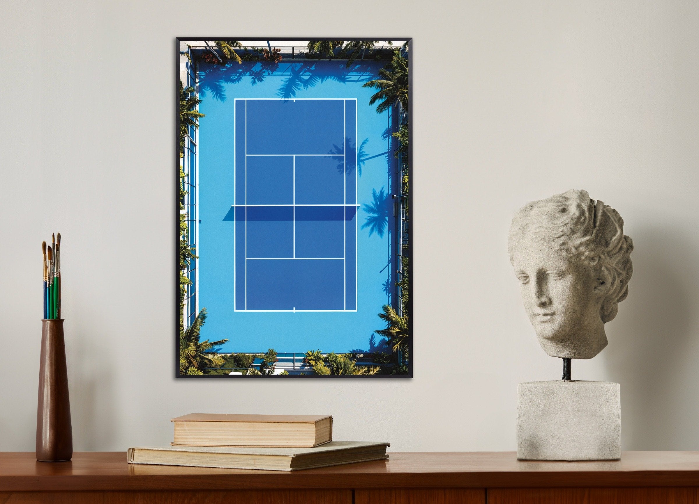Poster of Tennis court aerial poster – Modern sports photography print, with metal frame