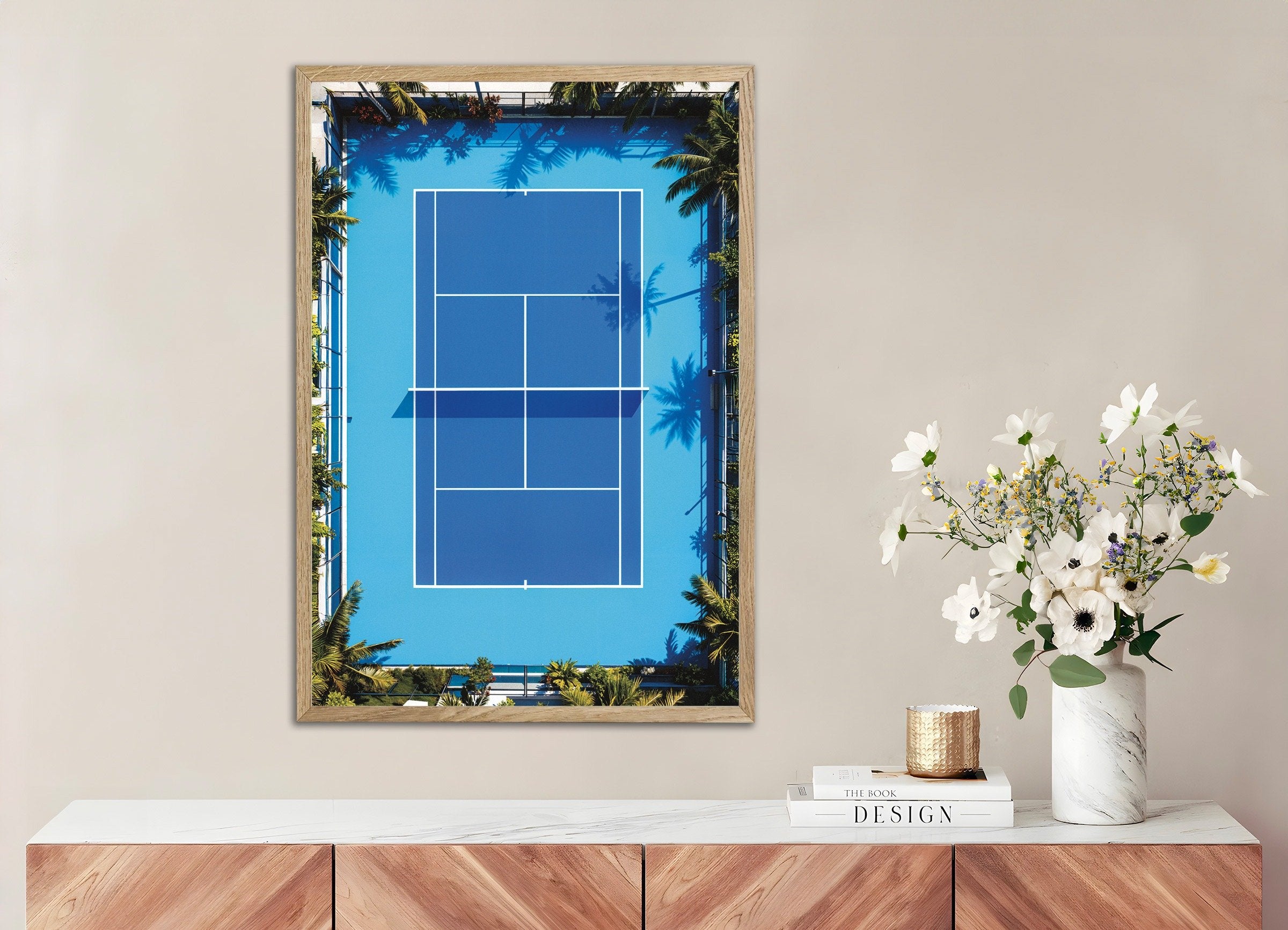 Poster of Tennis court aerial poster – Modern sports photography print, with natural wooden frame