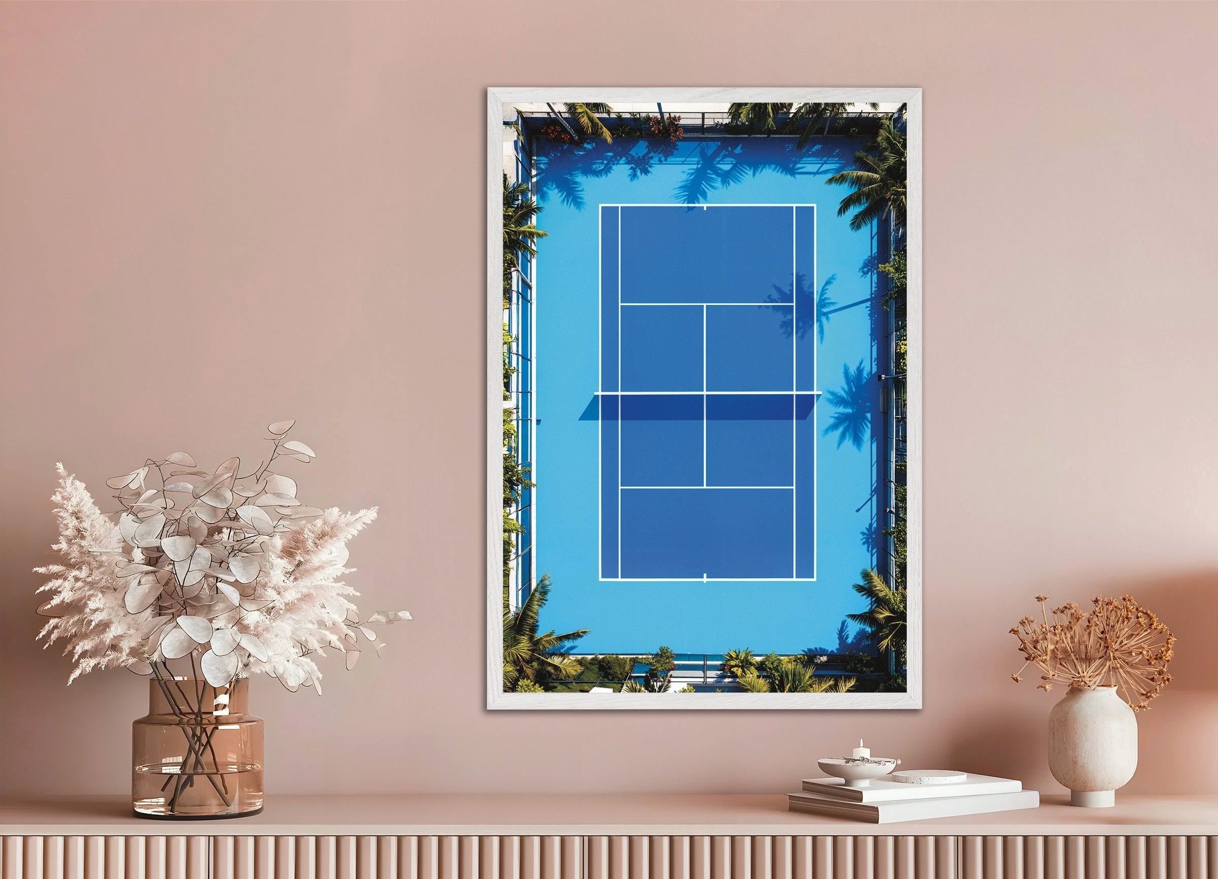 Poster of Tennis court aerial poster – Modern sports photography print, with white wooden frame