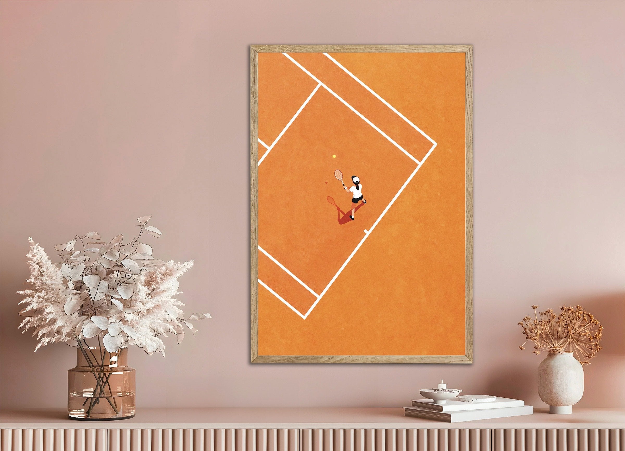Poster of Tennis player poster – Minimal clay court art print, with natural wooden frame