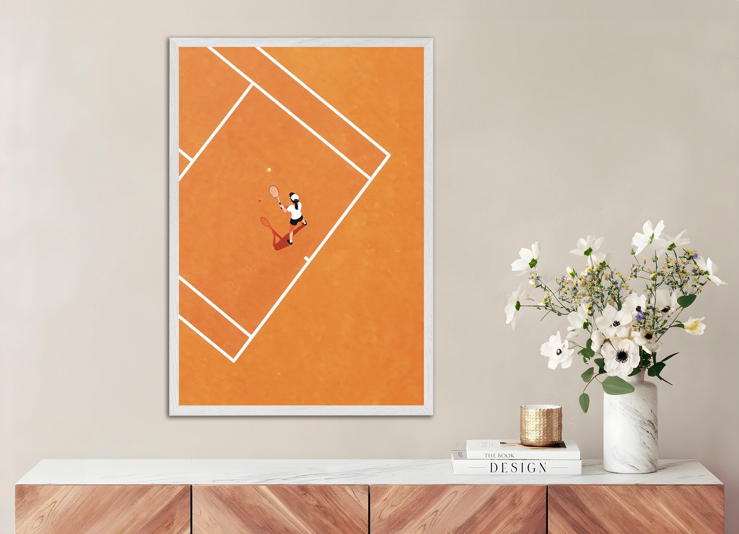 Poster of Tennis player poster – Minimal clay court art print, with white wooden frame