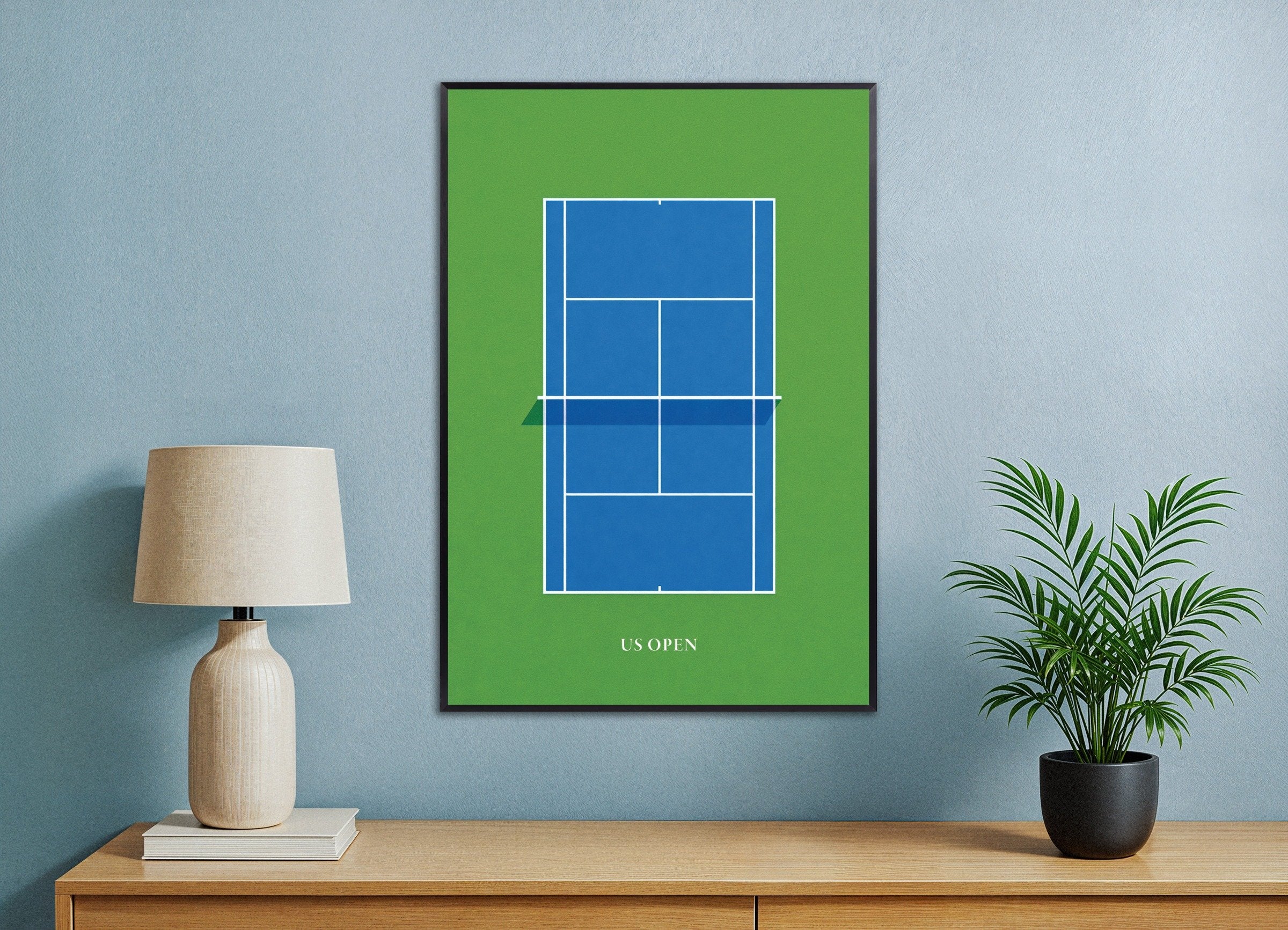 Poster of US Open tennis poster – Modern blue court art print, with metal frame