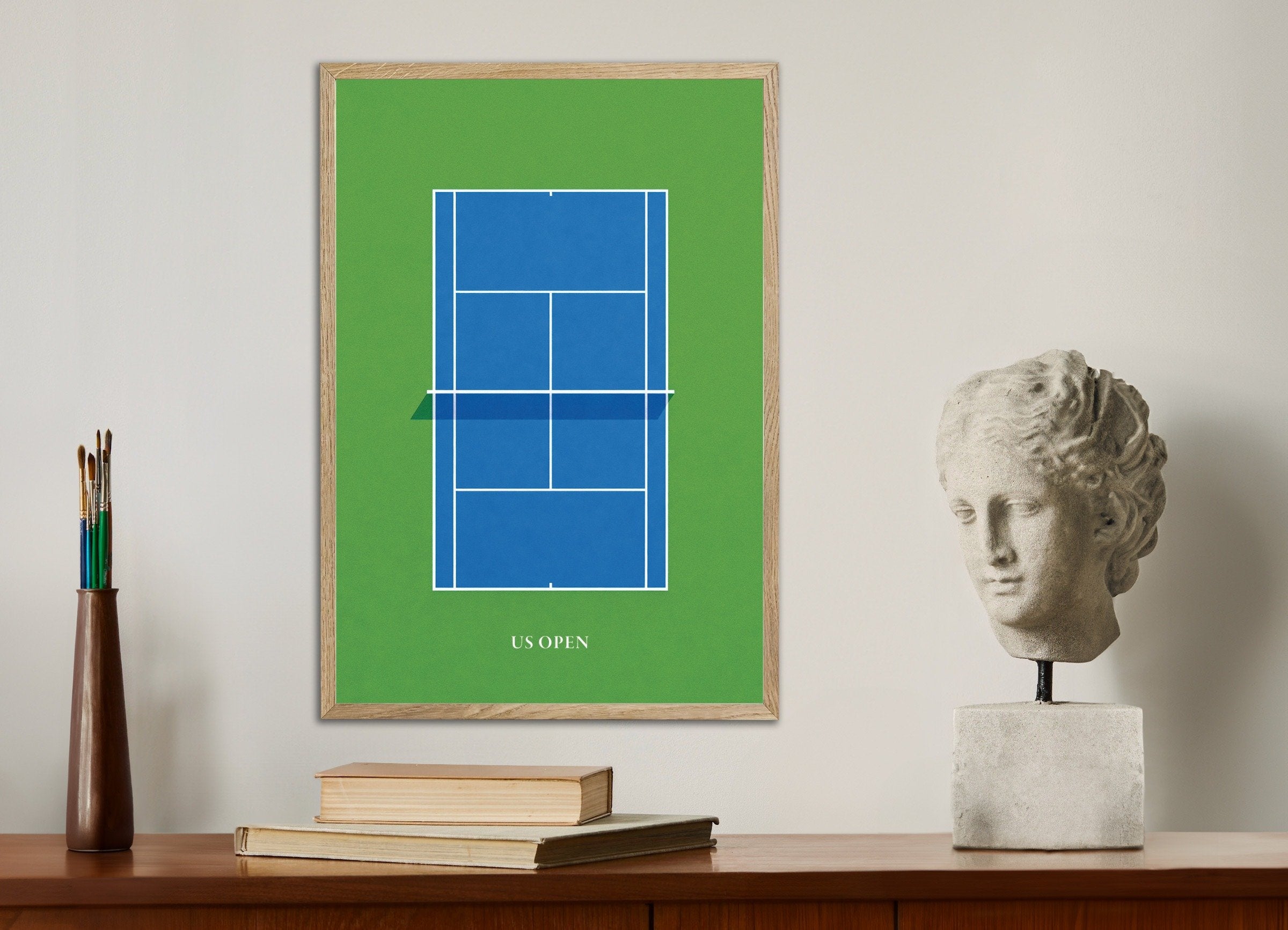 Poster of US Open tennis poster – Modern blue court art print, with natural wooden frame
