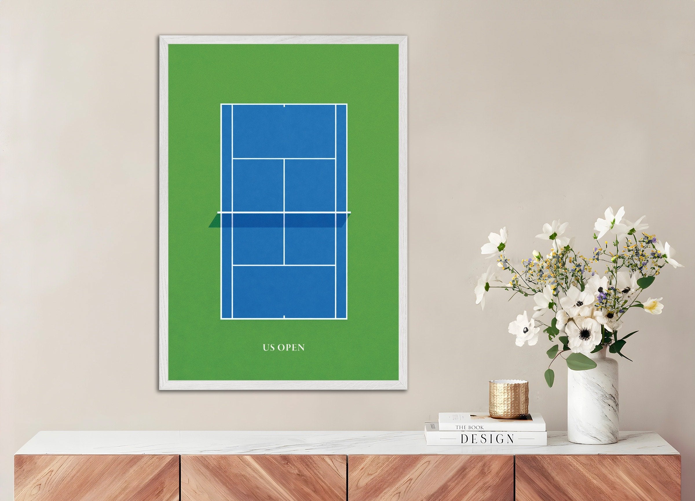 Poster of US Open tennis poster – Modern blue court art print, with white wooden frame