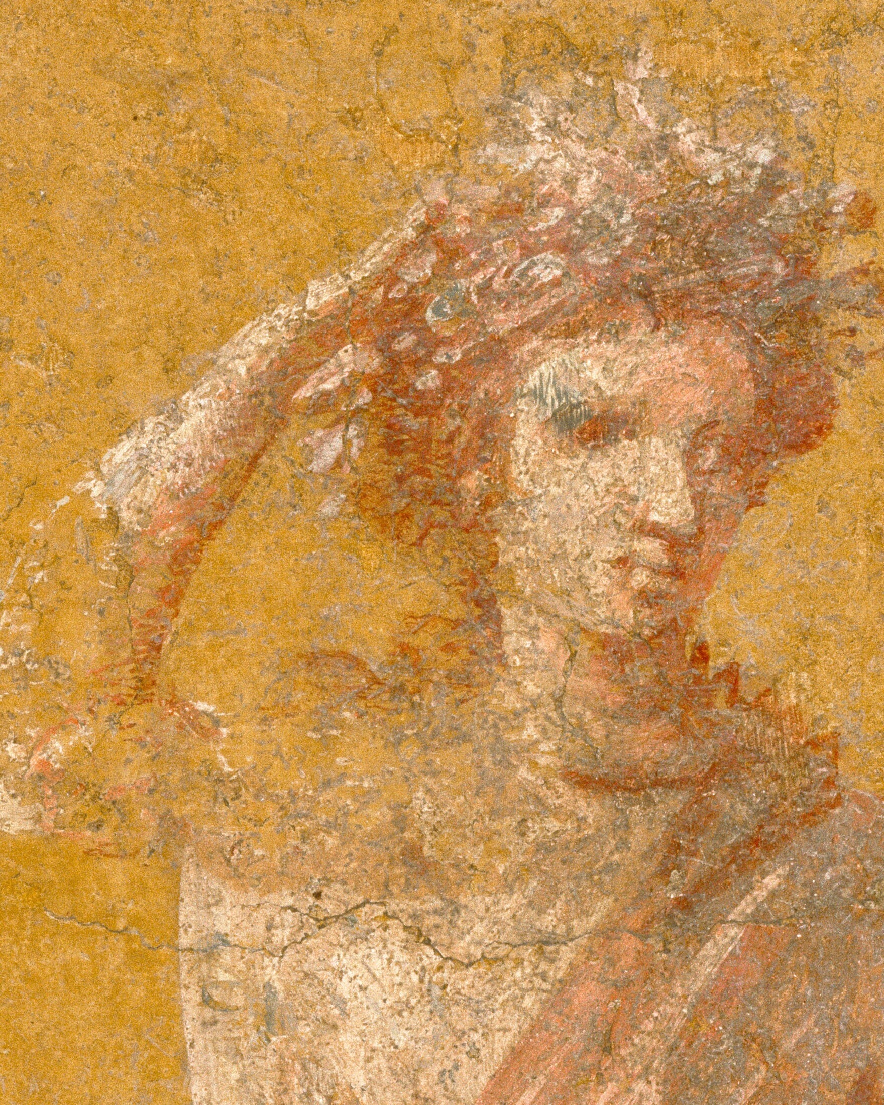 Fresco of a person with a wreath on a textured yellow background