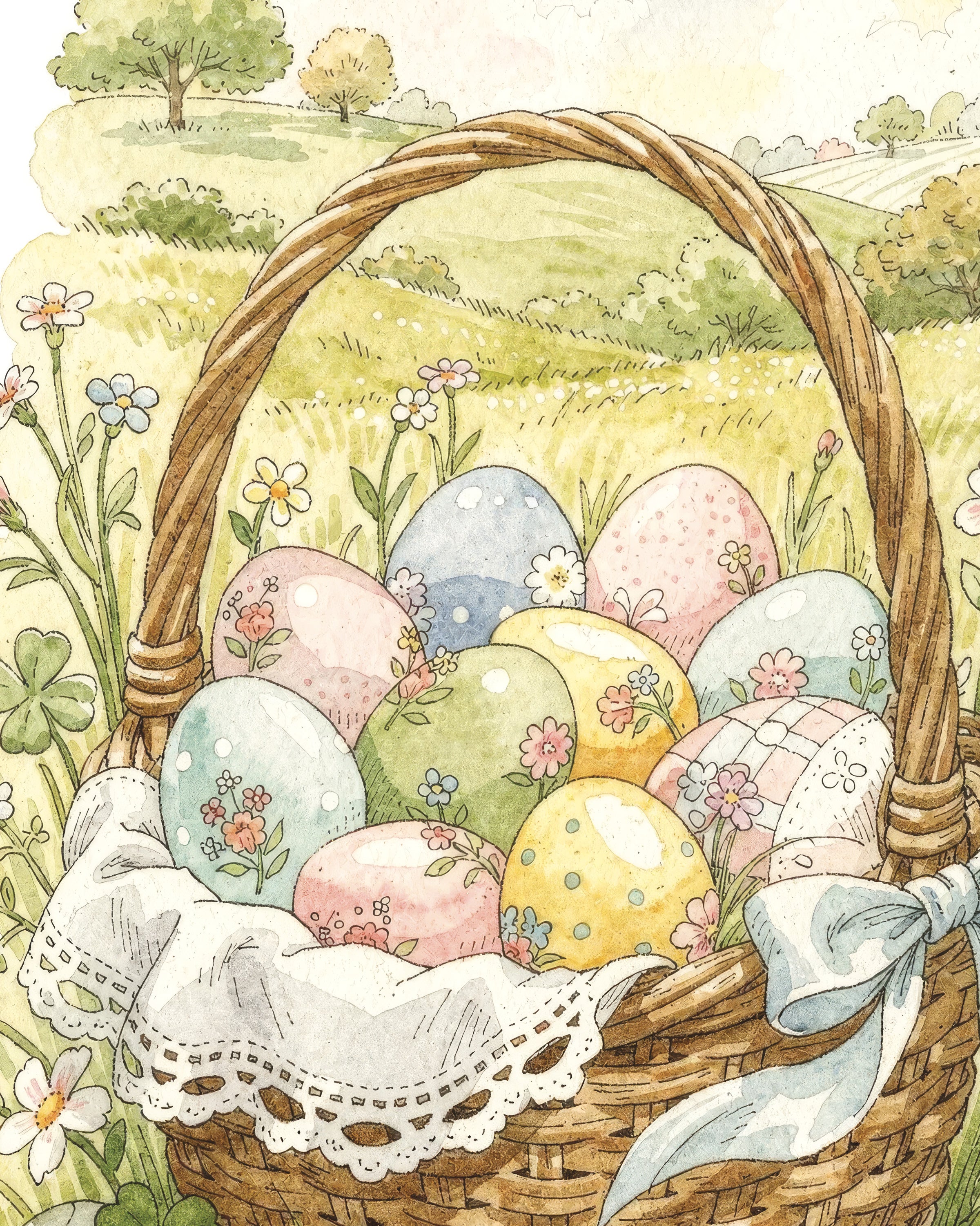 Cesta de Páscoa no Prado - Pôster em Aquarela Pastel