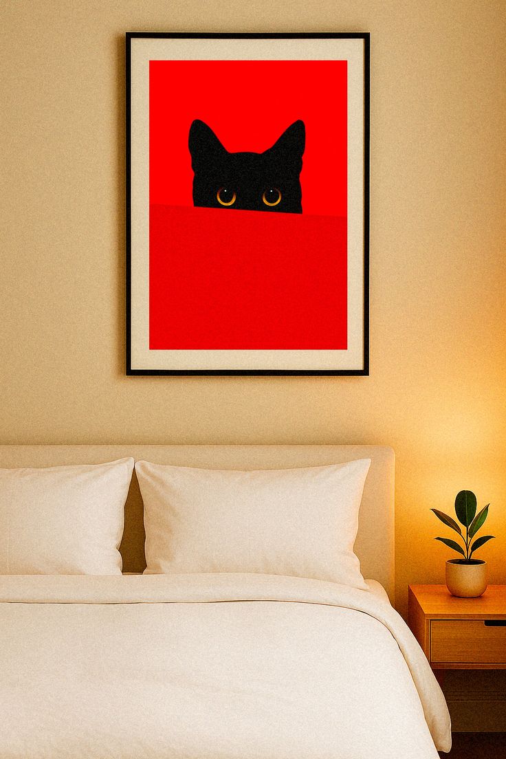 Gato atrás de uma parede vermelha - Poster