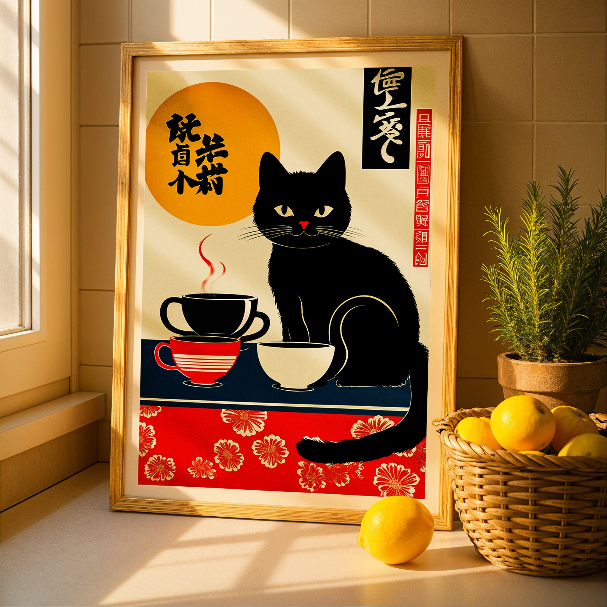 Poster japonês, gato com chávenas de café
