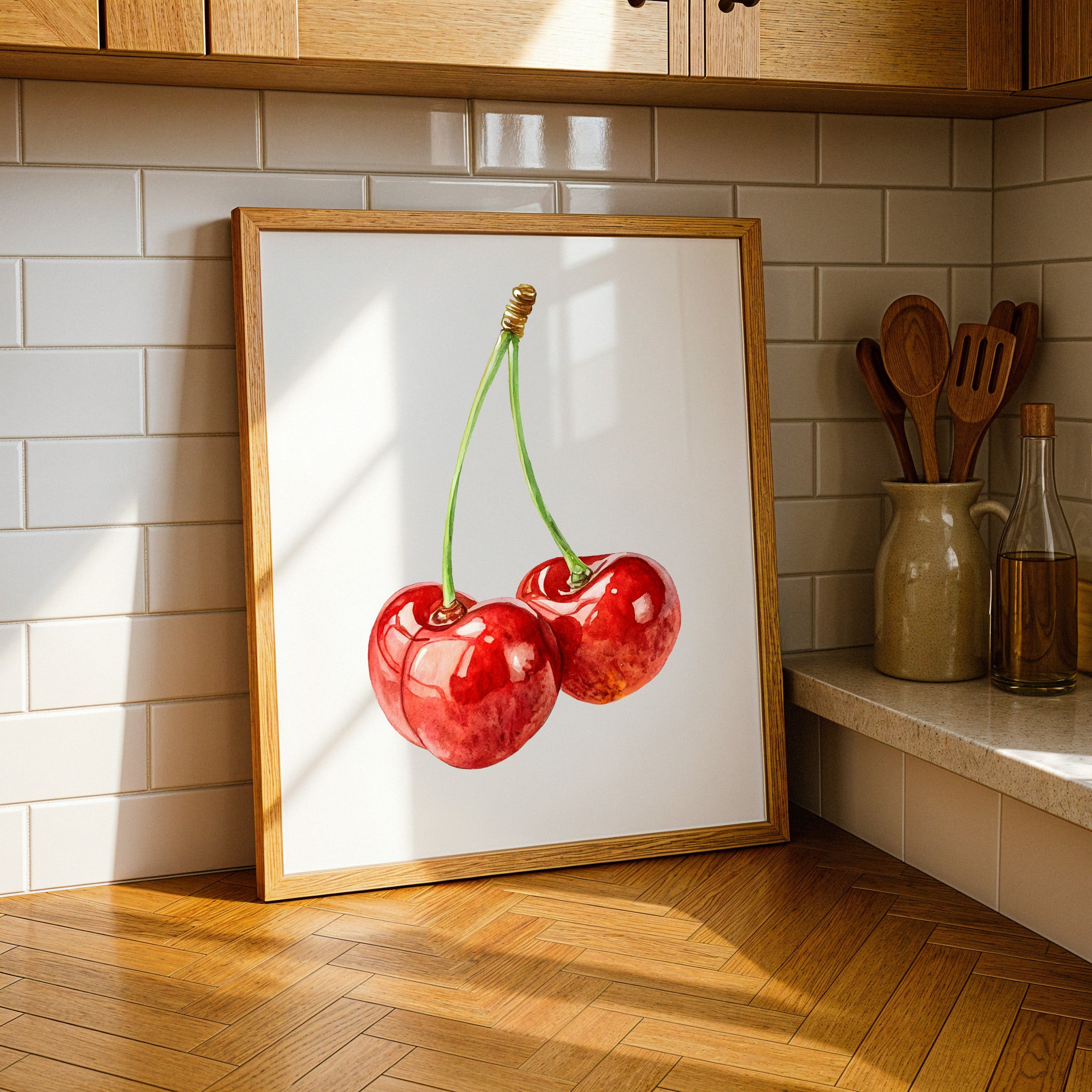Impressão de Arte de Cereja em Aquarela – Pôster Decorativo de Frutas para Parede Poster