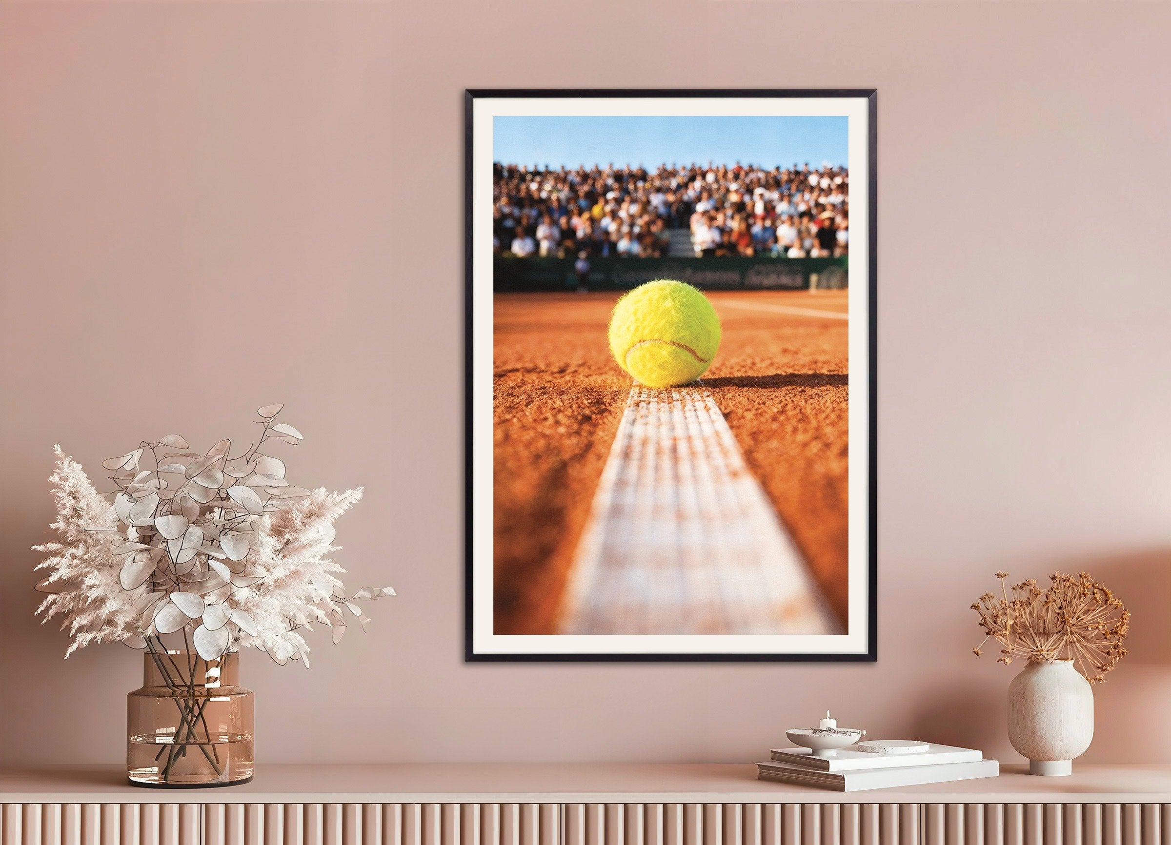Poster of Clay court tennis poster – Close-up ball photography print, with metal frame