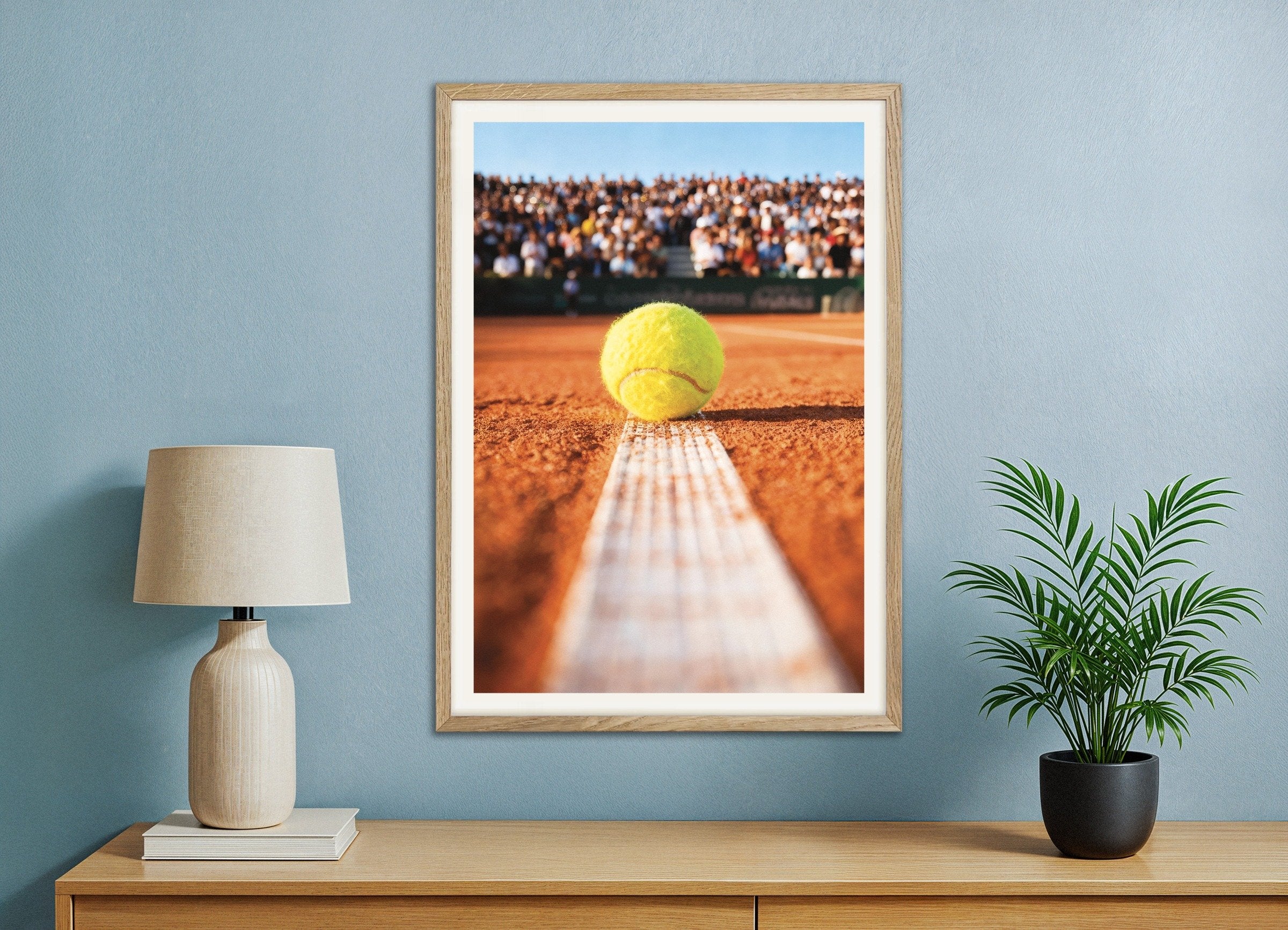 Poster of Clay court tennis poster – Close-up ball photography print, with natural wooden frame