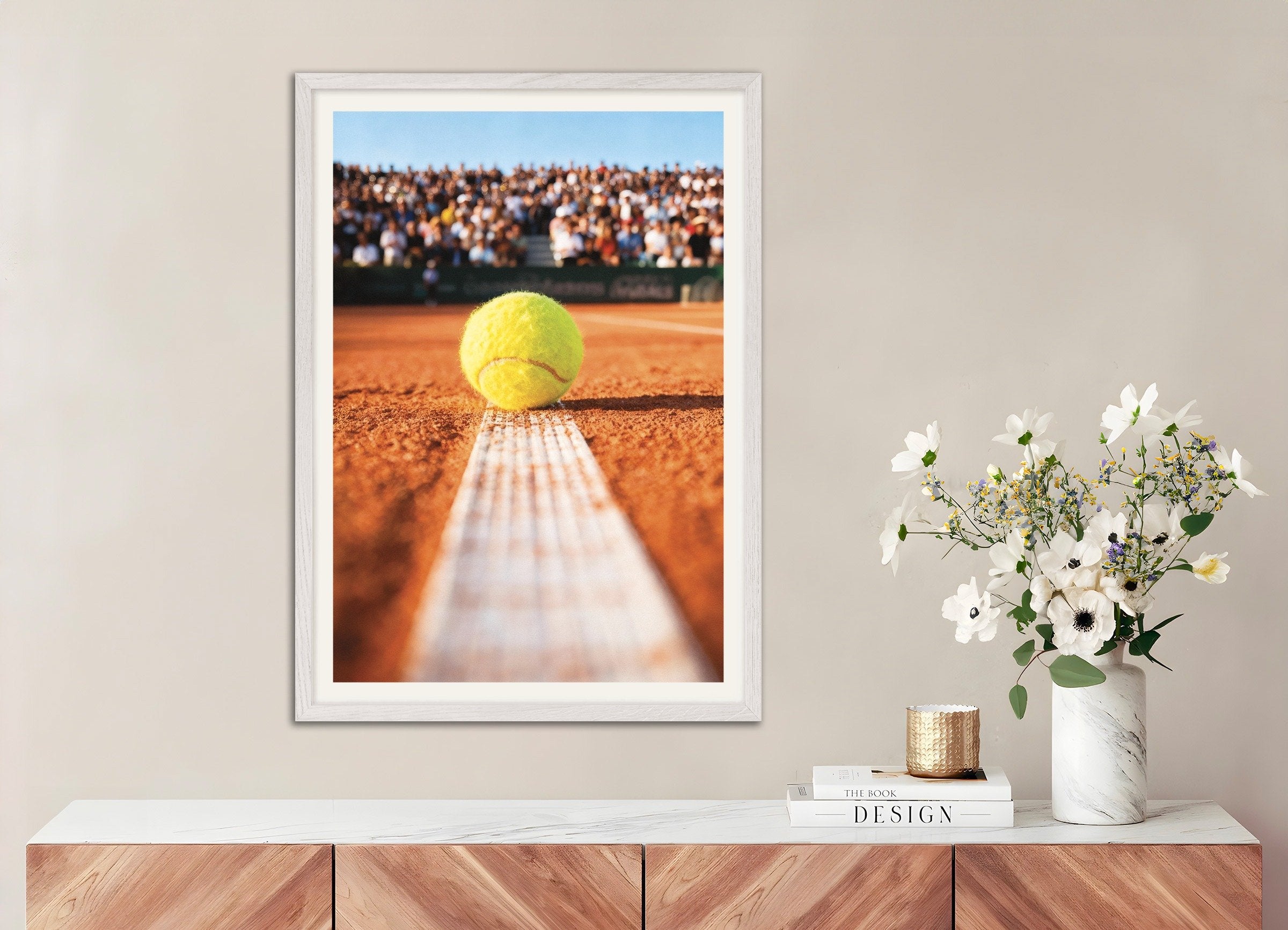 Poster of Clay court tennis poster – Close-up ball photography print, with white wooden frame